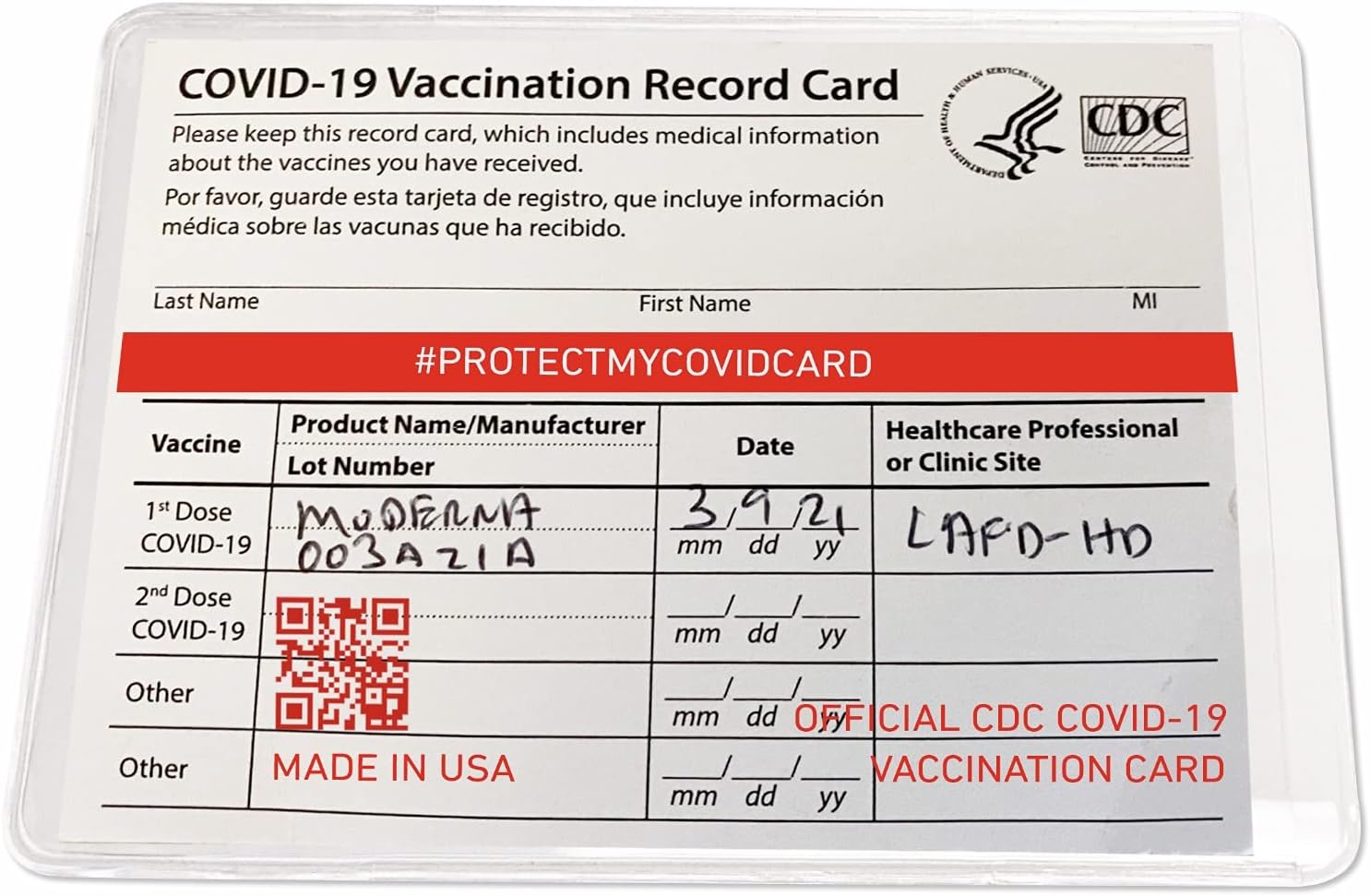 Generic Official CDC COVID-19 Vaccination Card Protector Custom Made in USA (3 Pack) Birthdate and Medical Info Hidden by Hashtag red line, Clear Recycled Plastic With Red Text and Images, 3.2 x 4.2