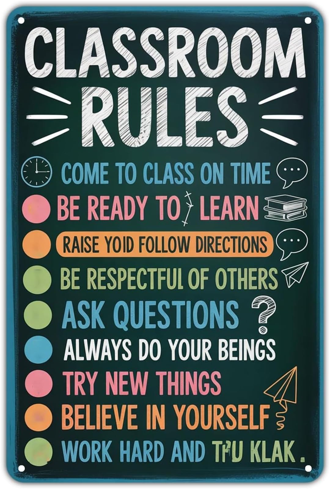 FNYUVNFAF Classroom Rules Classic Vintage Metal Print For Porch Entryway Hallway Mudroom Wall Decor 8 X 12 in