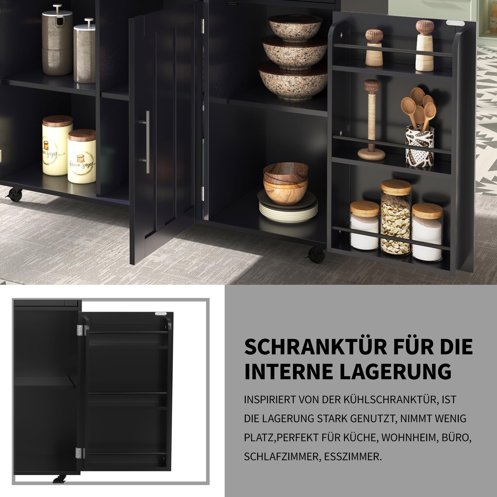 DRIXNO Kücheninsel Freistehend mit Klappbarer Arbeitsplatte Küchenschrank Küchenwagen auf 5 Rollen, mit Ablage und 2 Schubladen, Schwarz Für Esszimmer 129 * 71 * 91.5cm