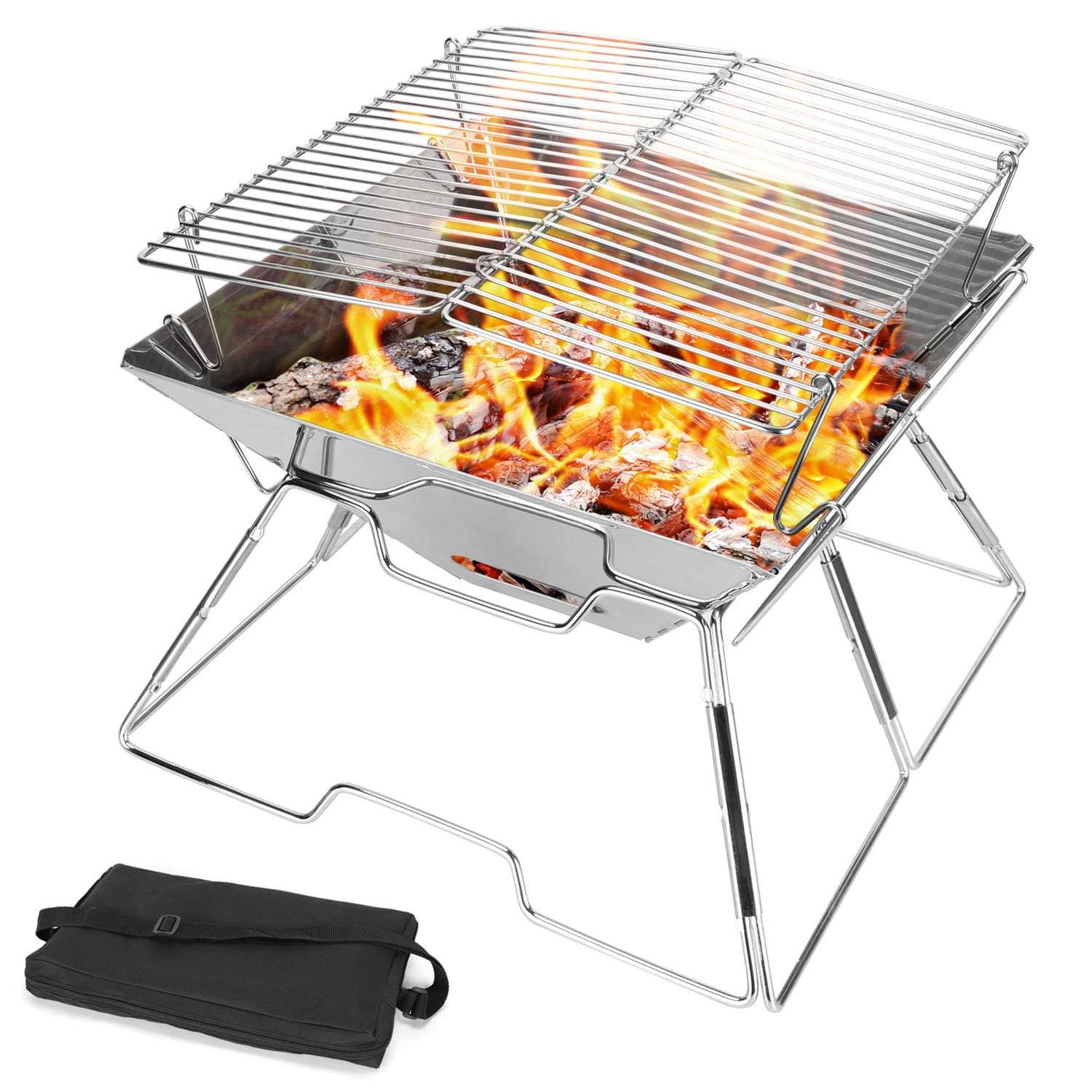 Generic Portable Camping Grill, Charcoal, Foldable, 2-tiered, Silver, 21 x 31 cm, 961 sq cm, 2-3 Persons, Free Standing, Barbecue (Charcoal), Special Feature: Portable