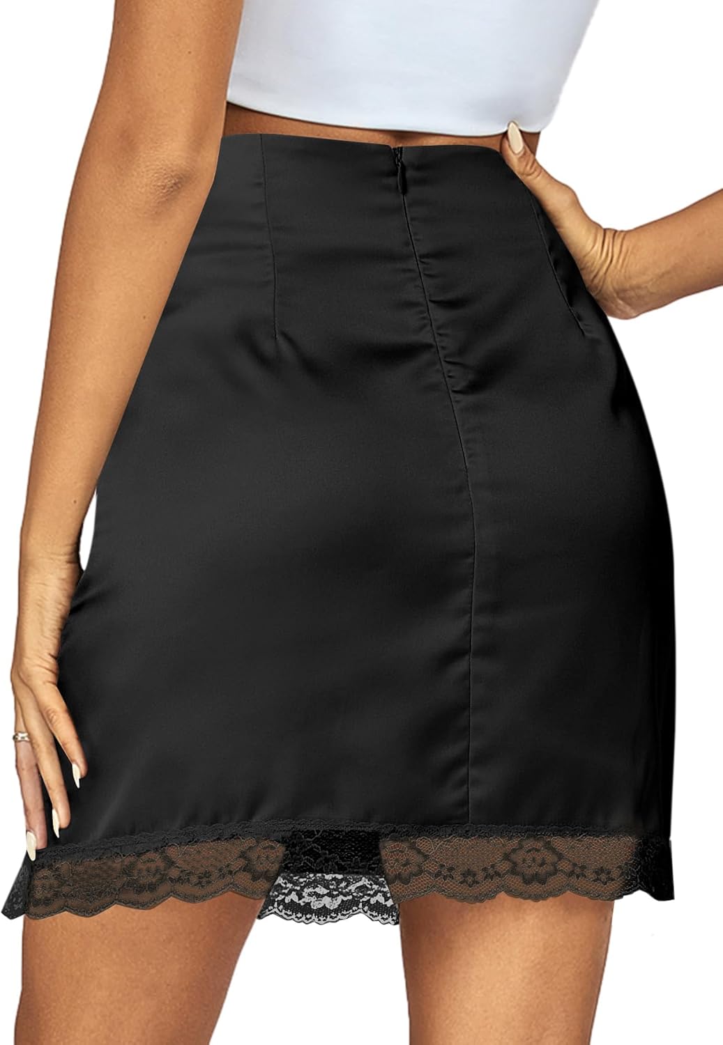 Vrtige Women's Satin Lace Trim High Waist Split Hem Bodycon Mini Short Skirt - Image 2