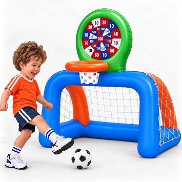 Inflatable Toddler Soccer Goal with Net & Basketball Hoop, 3-in-1 Play Set