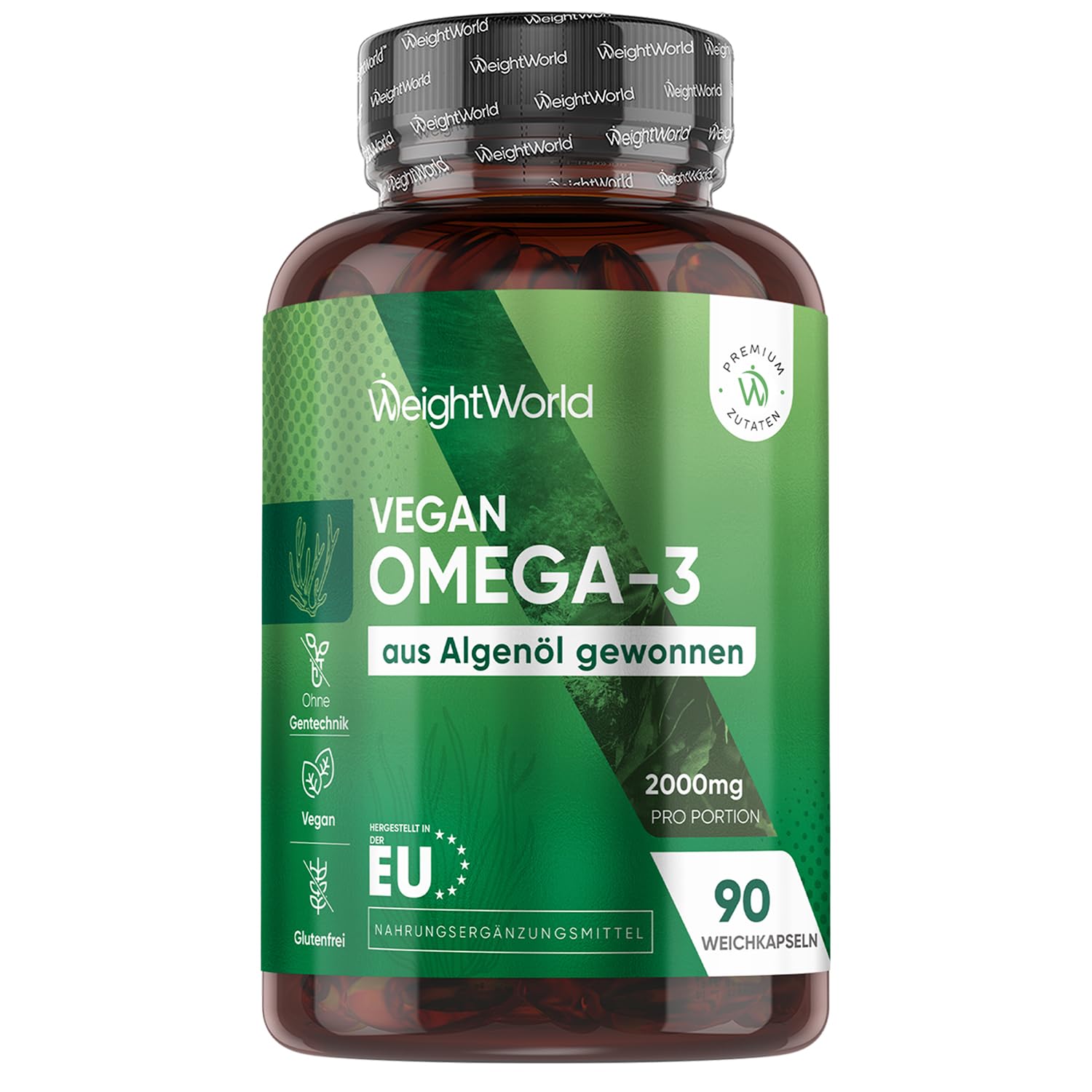 Omega 3 Vegan - 90 Weich-Kapseln - 2000mg Omega 3 Algenöl liefern 600mg DHA & 300mg EPA pro Portion - EPA & DHA tragen zur normalen Herzfunktion bei (EFSA) - Alternative zu Fischöl - WeightWorld