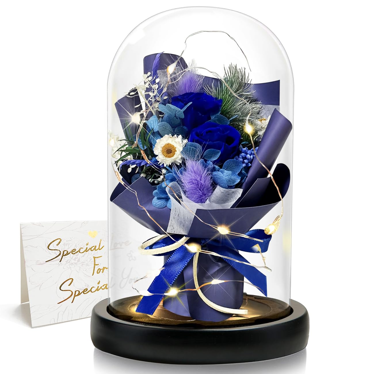 Regalo para mujeres, rosa eterna en cristal con LED, ramo de rosas azules, decoración para el hogar, flores reales duraderas para mamá, novia, esposa, abuela (azul)