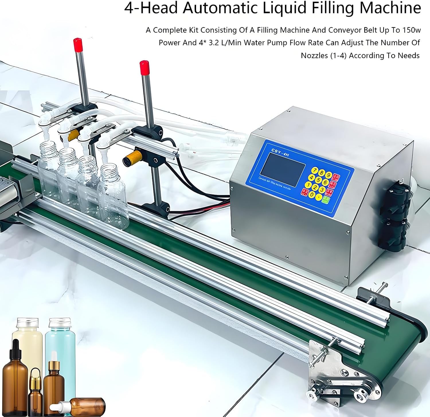 4-Head Automatic Liquid Filling Machine - 10-500ml Bottle Filler with Conveyor Belt for White Wine, Beverages & Thin Liquids - Efficient Mini Production Line with Diaphragm Pump