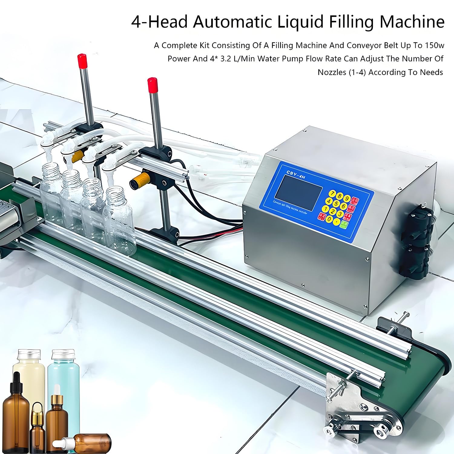 Máquina llenadora automática de líquidos de 4 cabezales con cinta transportadora. Llenadora de botellas de 10 a 500 ml. Mini línea de producción automática de 150 W para bebidas de vino blanco