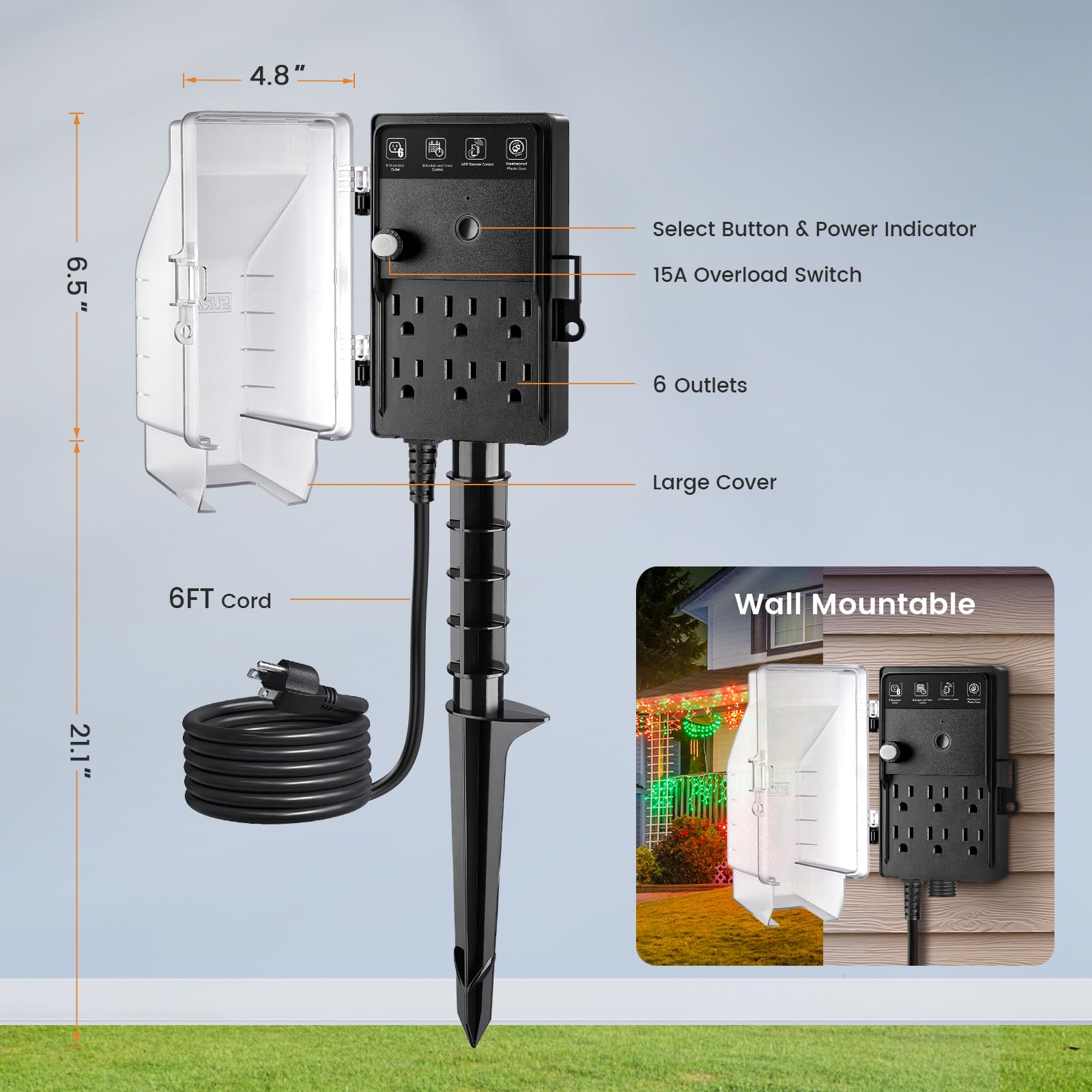 SURAIELEC Zigbee Outdoor Power Stake Timer Waterproof 6 Outlet Power Strip Weatherproof Smart Plug Light Timer Switch 6FT — view 7
