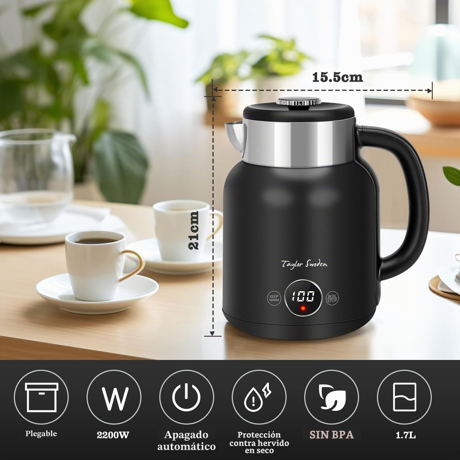 Taylor Swoden Hervidor de Agua Retro 1.7L de Acero Inoxidable Sin BPA Negro | Hervidor 2200W, silencioso, 5 niveles temp, función calor 1H, doble pared antiquemaduras, ideal para té y café (Asher)