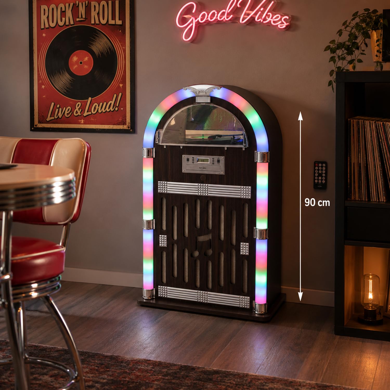 Chaîne HiFi Jukebox Retro 60W avec Tourne Disque Vinyle Bluetooth, CD, FM + télécommande, Jeu de lumière OVNI LED