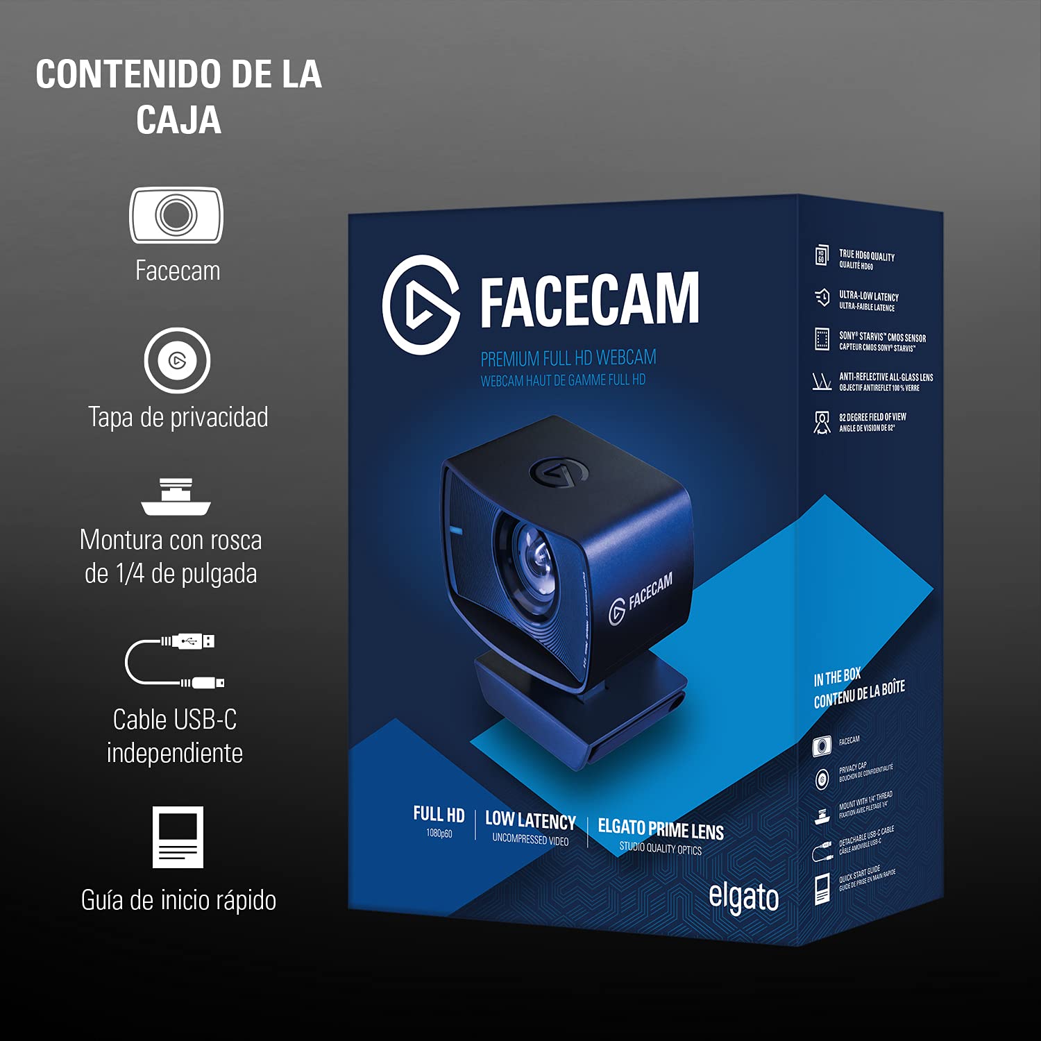 Elgato Facecam - Webcam Full HD 1080p60 real para streaming, juegos, videoconferencia, sensor Sony, corrección de luz avanzada, controles avanzados, funciona con OBS, Zoom, Teams y demás, para PC/Mac