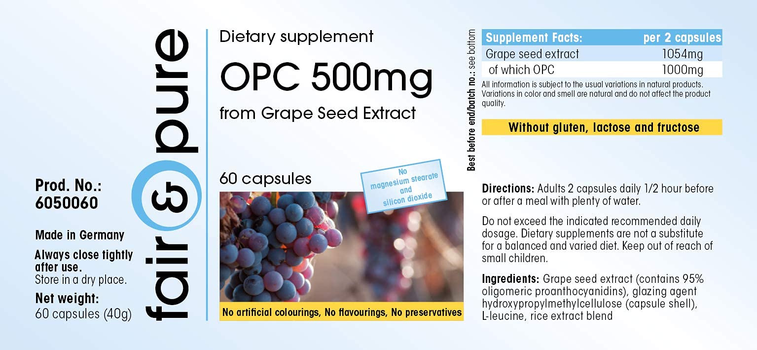 Fair & Pure® - OPC 500mg - Estratto di semi d'uva - Vegan - 60 Capsule (Confezione da 2)