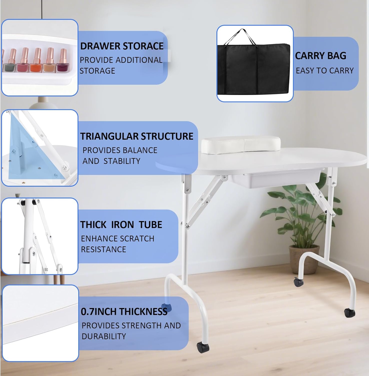 37 Inch Portable & Foldable Manicure Table, Nail Desk Workstation with Large Drawer, Client Wrist Pad, Controllable Wheels & Carrying Case, Professional Portable Nail Table (White)