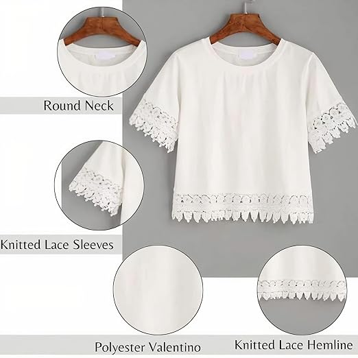 HARKHANI CREATION® Women's Self Design Lace Crop Top with Lace Sleeve - Sexy Stylish Casual Basic Plain Slim Fit Western Short Crop Top for Women and Girls Wear