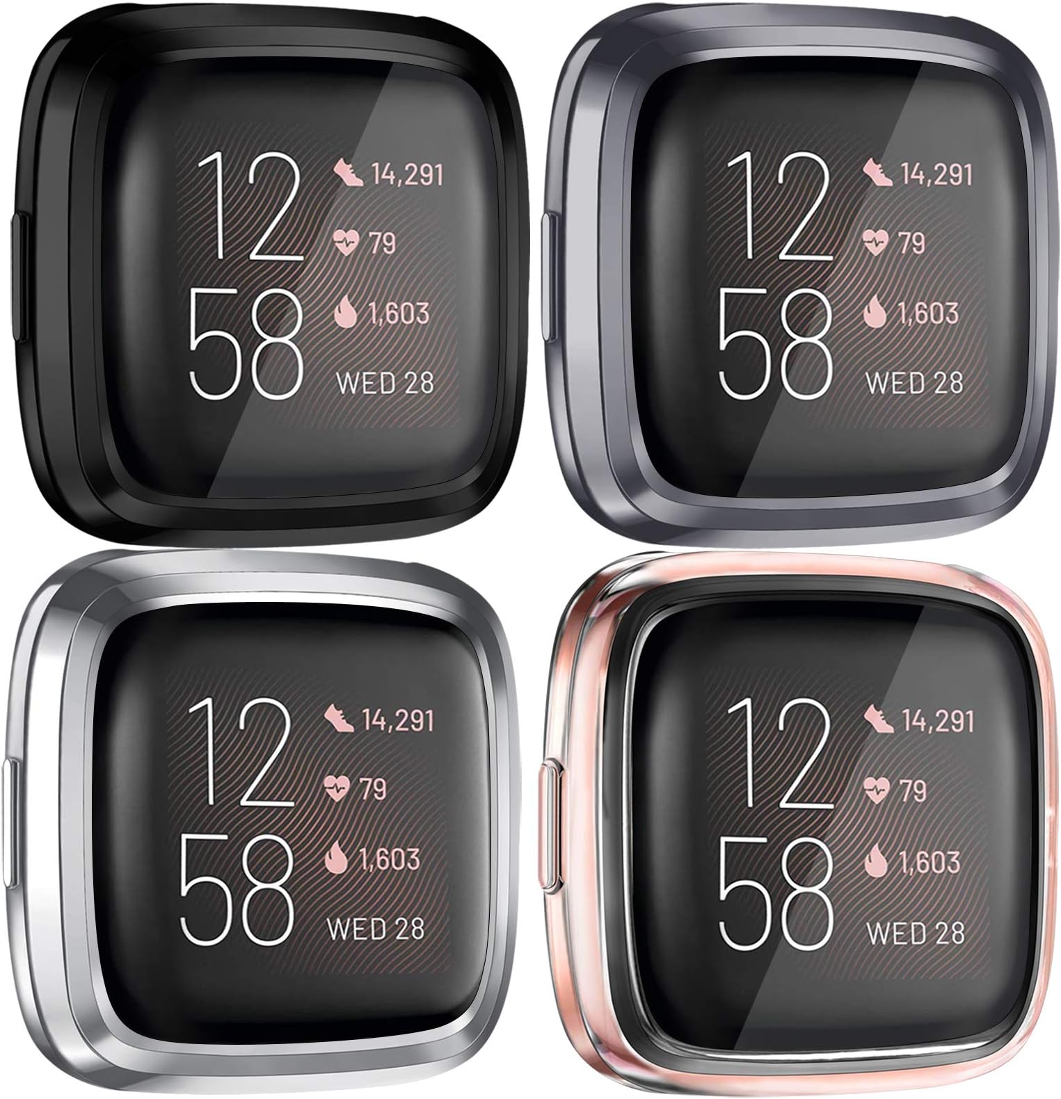 Tobfit 4 Pack Screen Protector Case Compatible with Fitbit Versa 2, Soft TPU Ultra-Thin Scratch Resistant Full Protective Case Cover (Black/Charcoal/Silver/Clear)