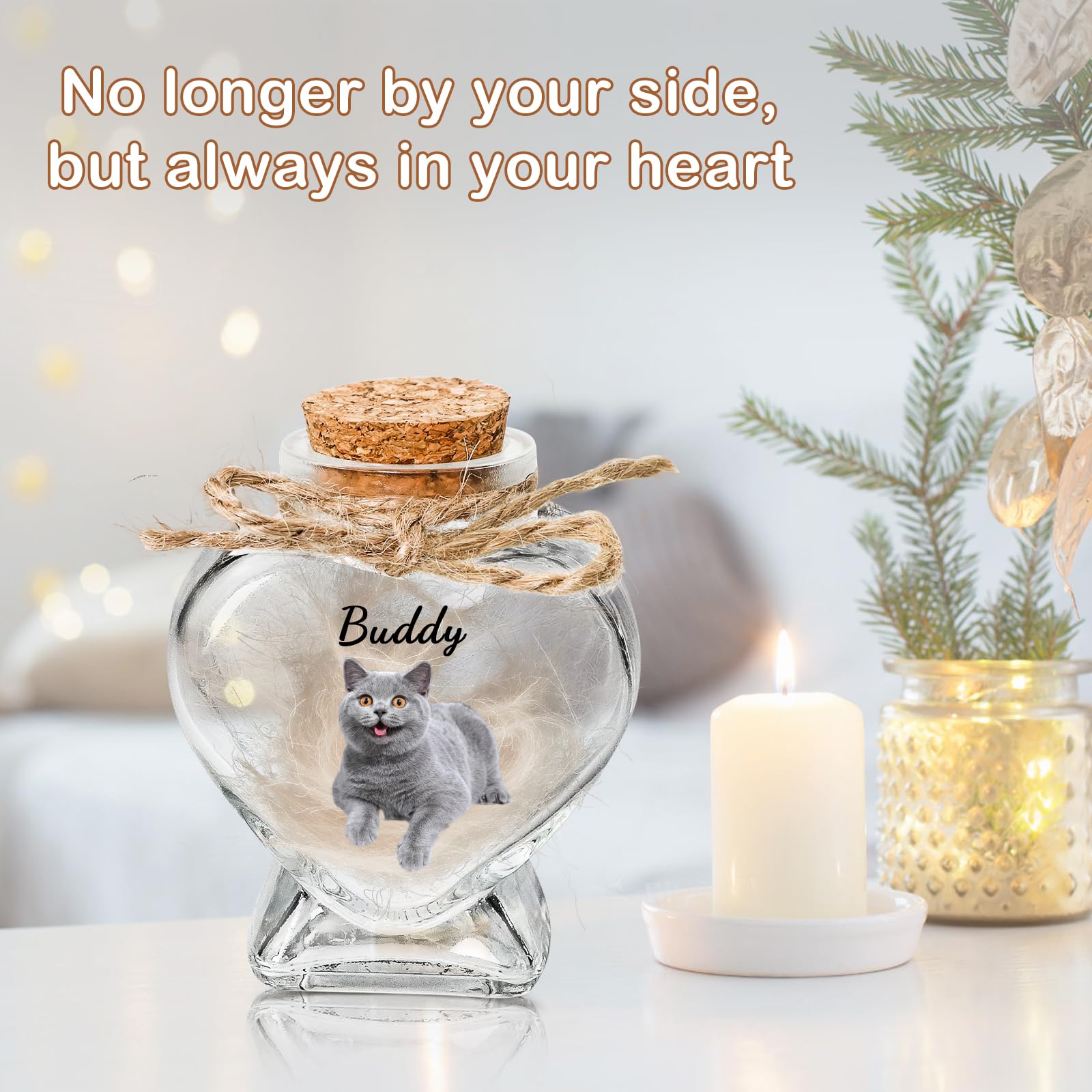 Barattolo di Vetro a Forma di Cuore Personalizzato per Animali Domestici, con Foto e Nome Personalizzabili. può Contenere Ceneri o Pelo. Regalo commemorativo per Animali Domestici (Heart)