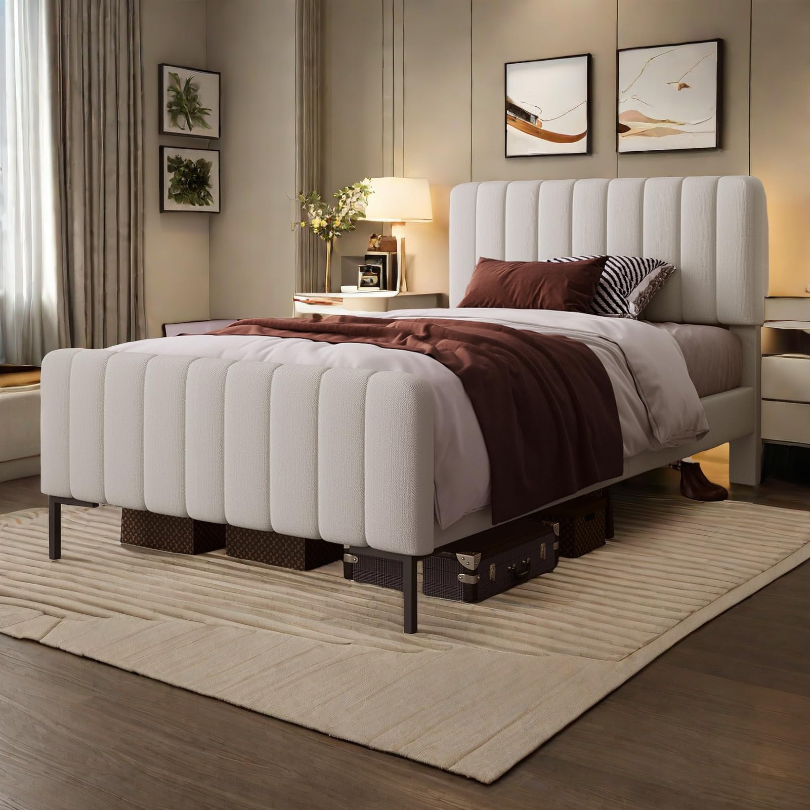 Lits king size avec sommier et coffre, réglable en hauteur, confortable et facile à assembler, 1 place, rembourré (sans 