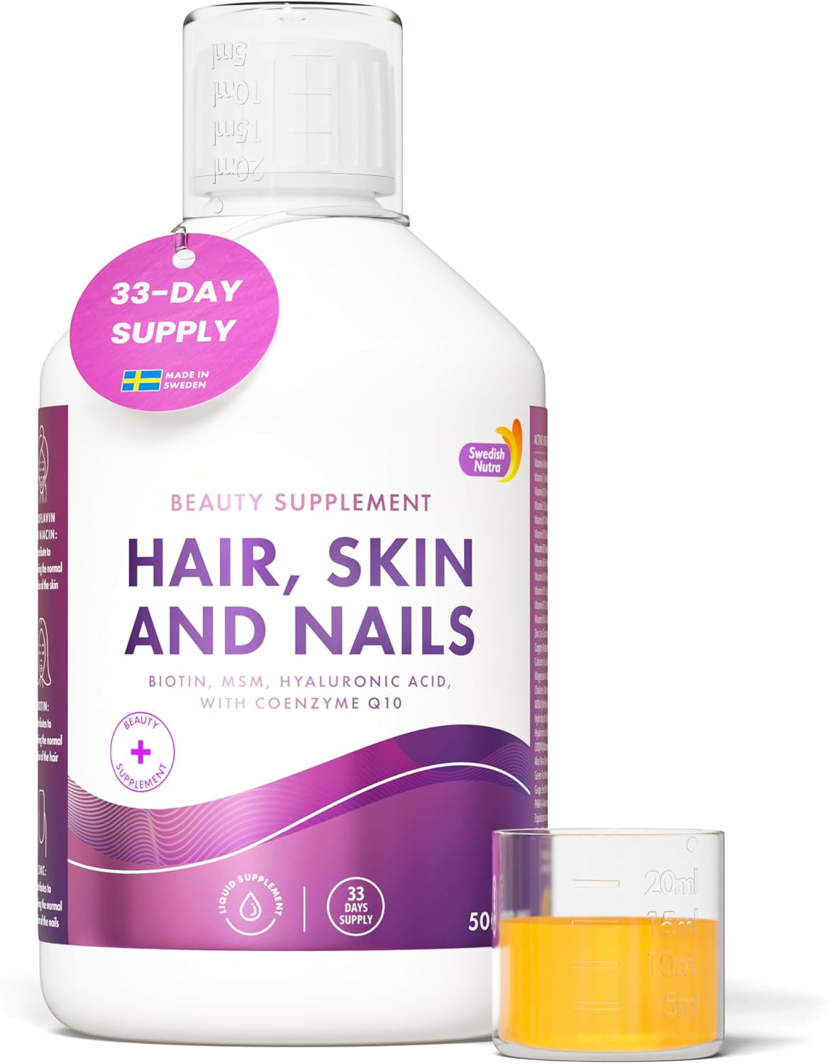 Swedish Nutra – Hair, Skin & Nails Liquid Supplement – Pack of 500 ml, 33 Day Supply | Plus Collagen, Biotin, Vitamins, MSM, Hyaluronic Acid & CoQ10 | Gluten Free | 100% Natural Orange Flavour