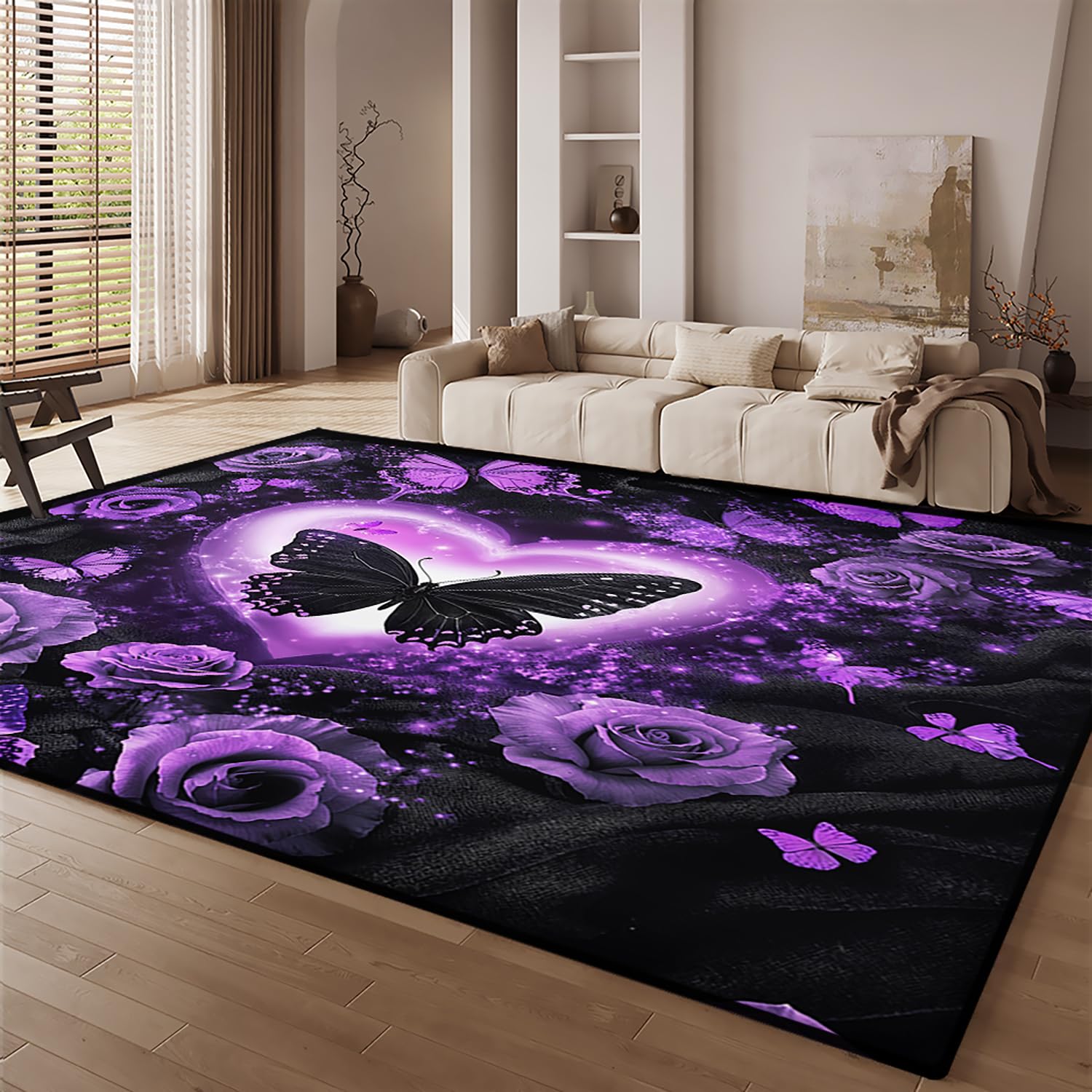 HOSIMA Weiche Bodenmatte, Lila Schmetterlingsdruck Schlafzimmer, rutschfeste, flauschige, waschbar