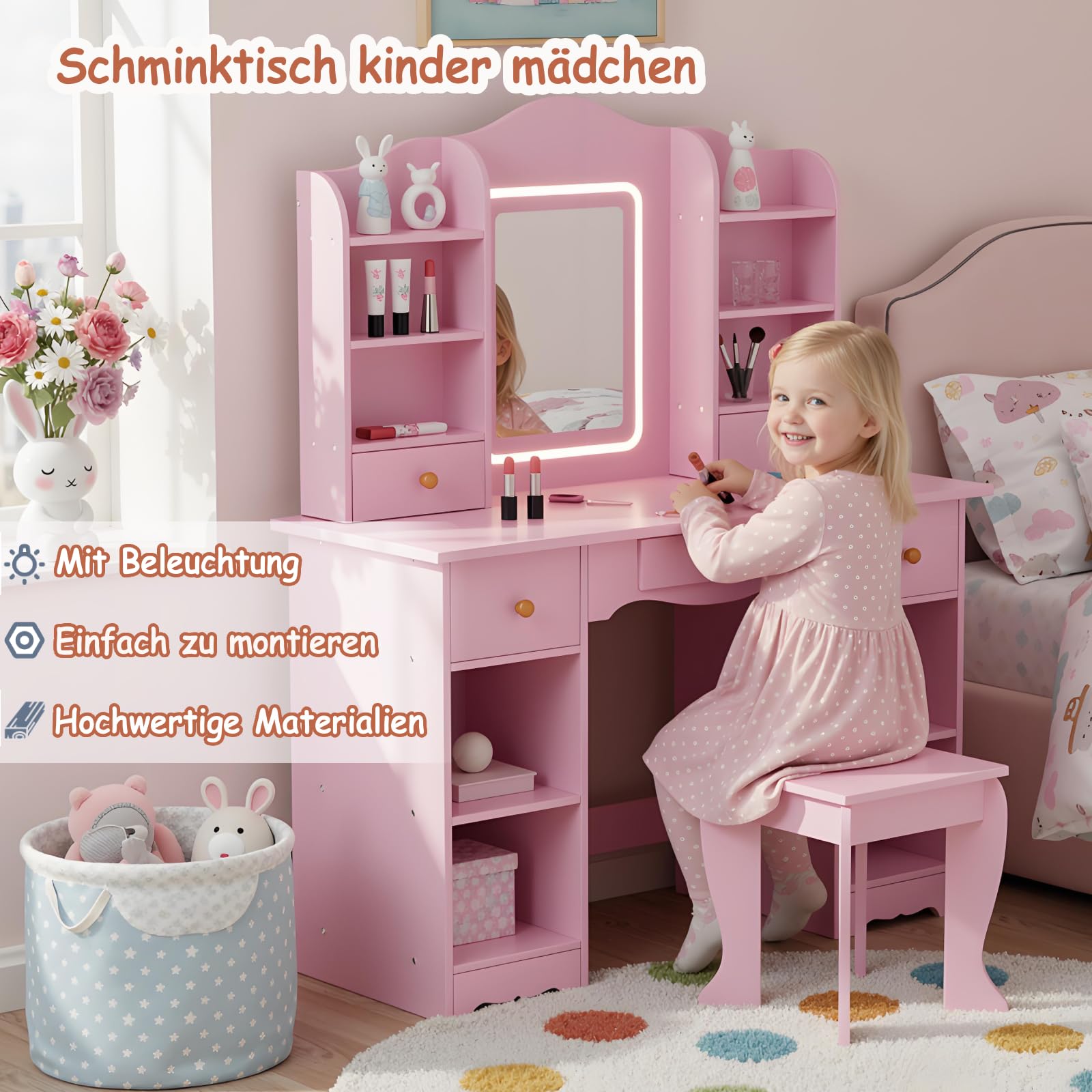 MAMIZO Coiffeuse pour Enfants avec Miroir LED, Coiffeuse pour Fille avec Tabouret, Table de Maquillage Fille avec 5 Tiroirs et 10 Compartiments de Rangement, 95x34x118cm, Bureau pour Enfant (Rose)