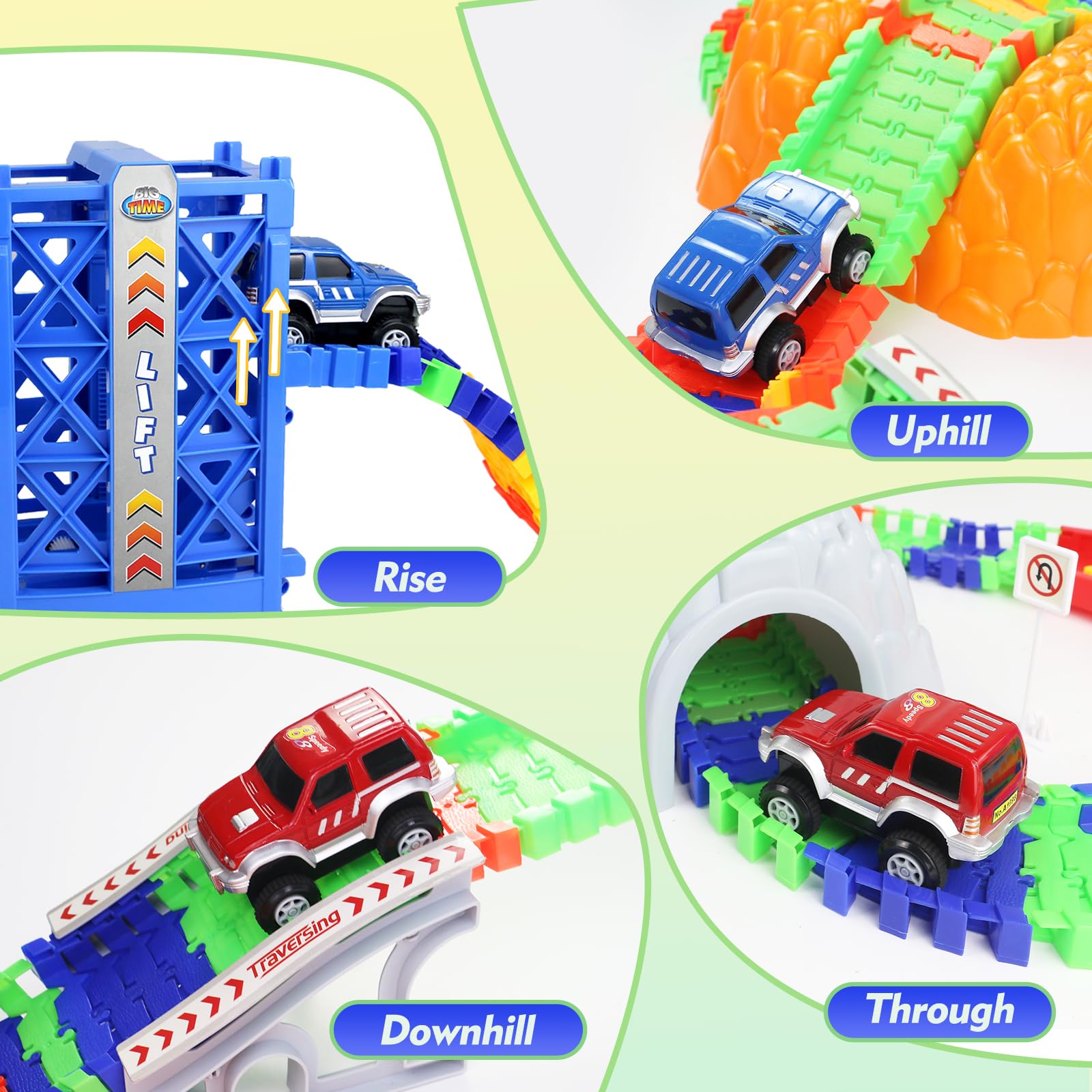 Autorennbahn Kinder Spielzeug ab 3 4 5 Jahre mit 2 Spielzeugauto, Kinderspielzeug ab 3 4 5 6 7 Jahre Junge，309PCS Car Track Rennbahnen, Racing Geschenk 3 4 5 Jahre Junge Mädchen, 505cm Länge Rennbahn