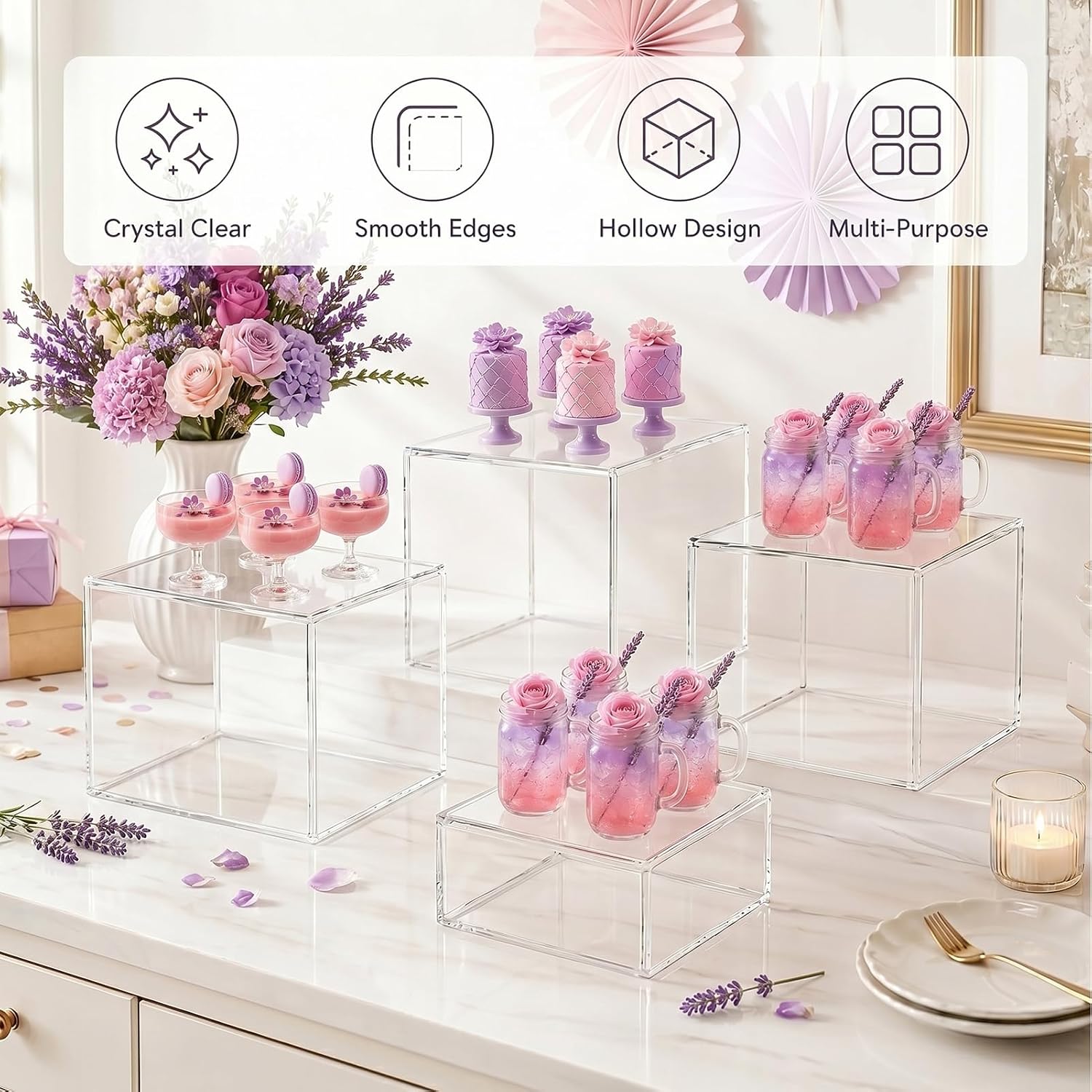 Acrylic Buffet Risers and Stands, 6Pcs 9" 8" 7" 6" 5" 5" 4" 4" Clear | Food Display Mini Sign and Marker Set for Catering, Buffet Tables, Parties, Cupcakes, Desserts, Jewelry and Collectibles