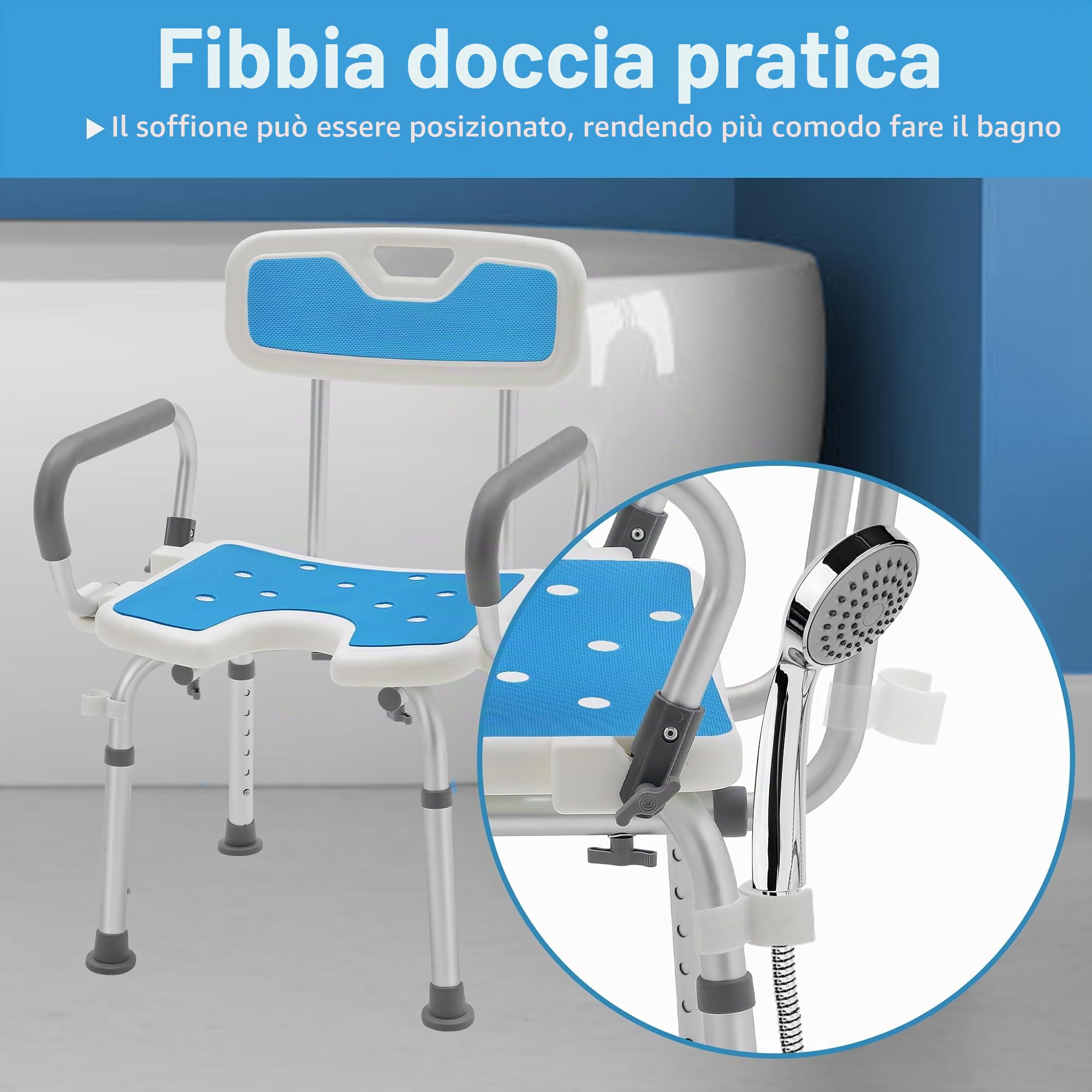 Aufun sedia da doccia con schienale e bracciolo rimovibili, antiscivolo, sgabello da doccia regolabile in altezza, sedia da doccia per anziani - Typpe A