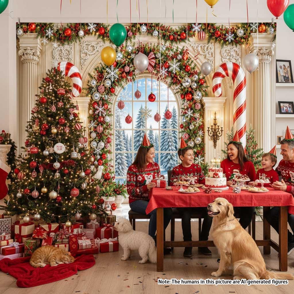 Arche enneigée Fenêtre Couronne de Noël Photographie Toile de fond Décoration de fête de Noël | Boîte cadeau en forme de sapin de neige pour Noël, hiver, vacances, famille, gâteau, table, photomaton, décoration 3 x 2,4 m