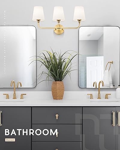 Miniatura 3 de VL837-BG-3 - Lámparas de tocador de baño de oro cepillado con pantalla de tela blanca acampanada, apliques de pared de 3 luces, modernos apliques de