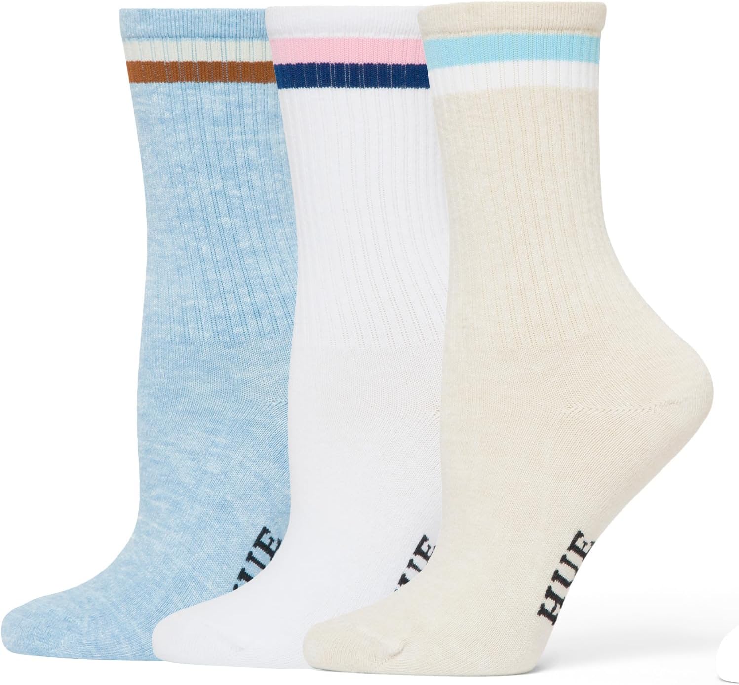 HUE Women's Casual Ribbed Must-have Crew Lightweight Athletic Socks 3 Pair Pack