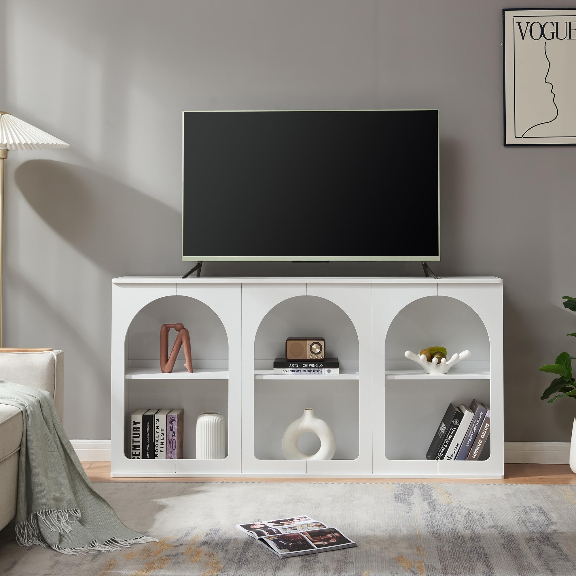 [en.casa] Sideboard Trorhun Kommode mit 6 Fächern offen Mehrzweckschrank 160 x 30 x 80 cm Wohnzimmerschrank Buffetschrank Weiß