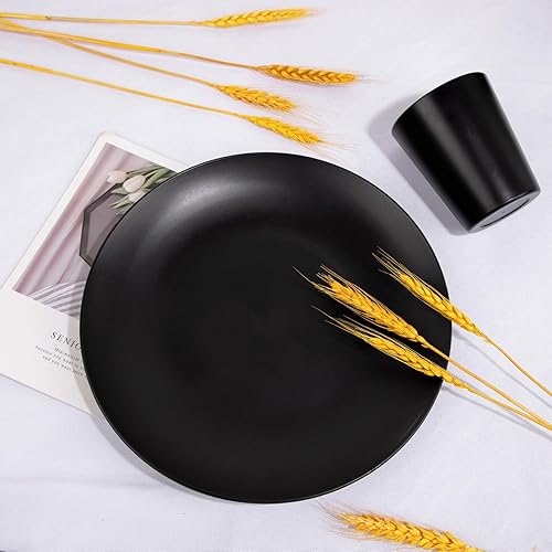 Miniatura 5 de Supernal Juego de vajilla de plástico negro de 32 piezas con 25 servilletas de lino dorado, platos y cuencos para 8 personas, apto para microondas y