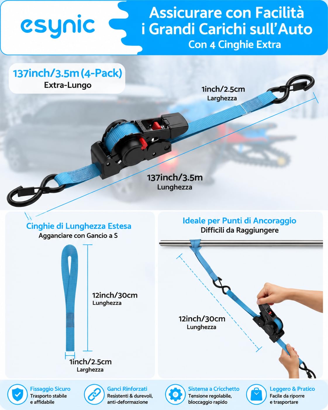 eSynic 4PZ Cinghie a Crichetto 3.5m Ritrattibili Automatico Carico 320KG, Set Cinghia di Ancoraggio Avvolgitore per Trasporto Moto Attrezzature con Gancio a Molla con Blocco, Incluse Fasce Prolunghe