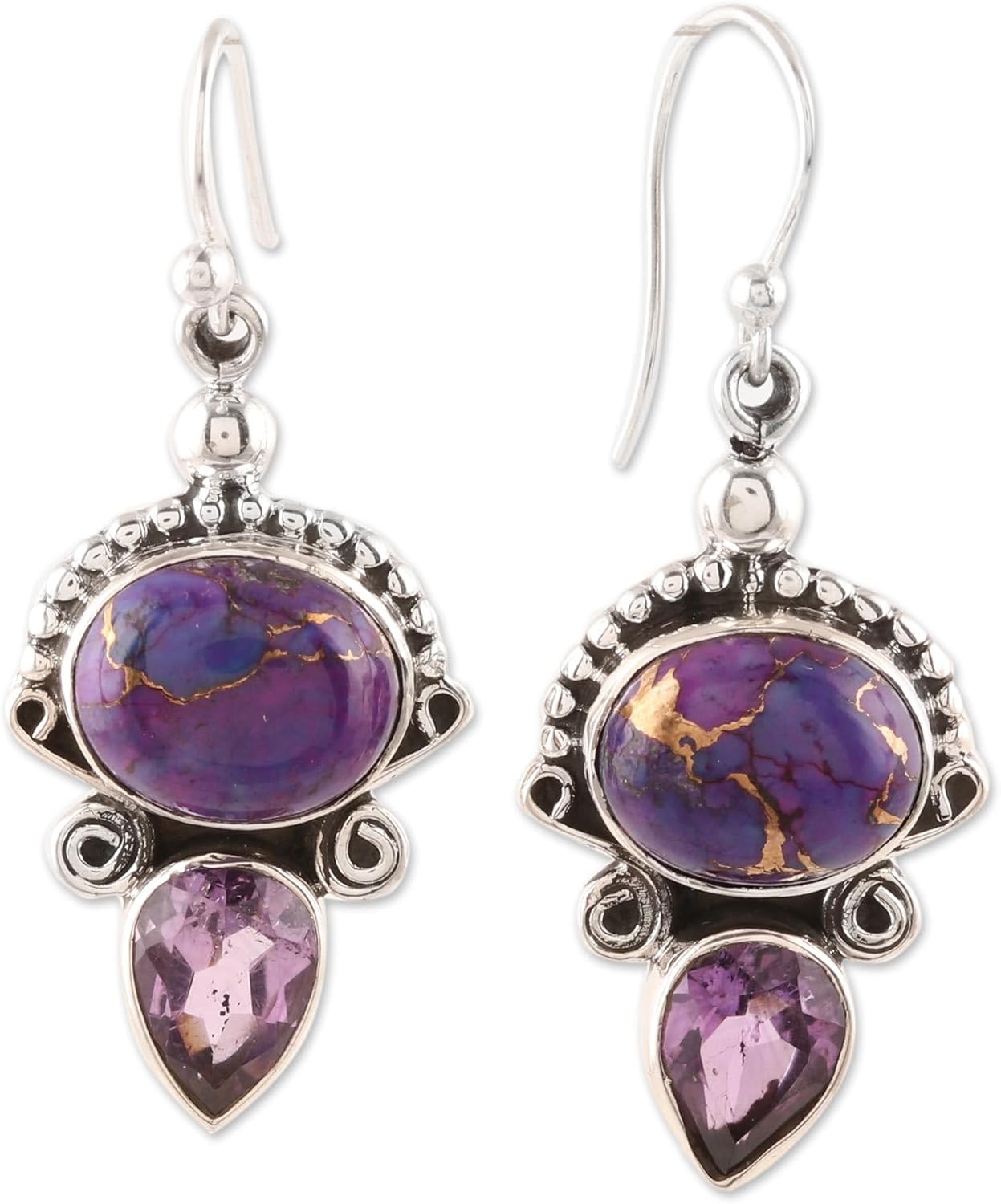 NOVICA Artisan Handmade Amethyst Dangle Earrings Regal Sterling Silver from India Reconstituted Turquoise Gemstone Birthstone [1.8 in L x 0.6 in W x 0.3 in D] ' Regal Allure'