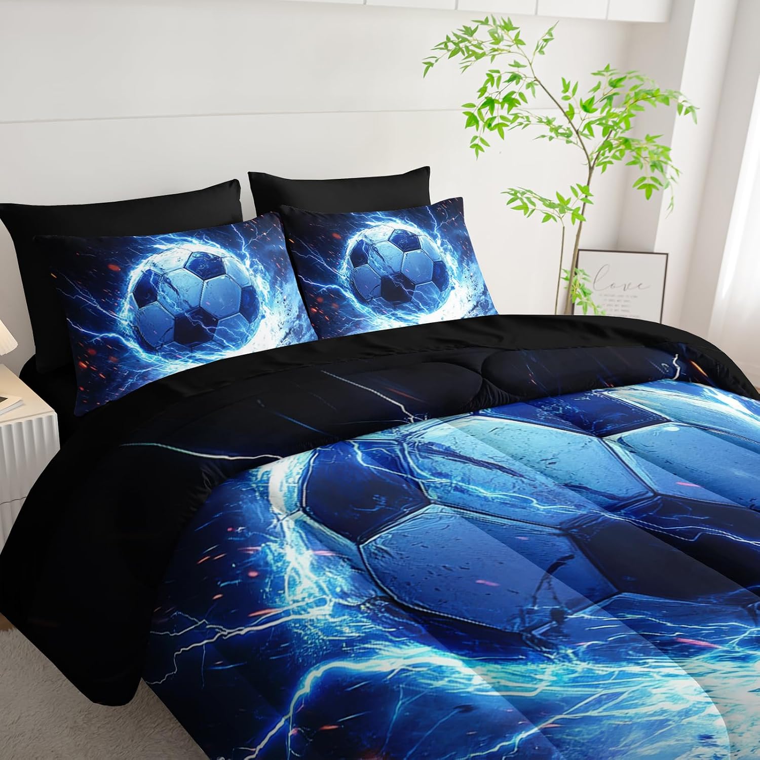 Soccer Print Comforter 7Pcs Ball Sport Game Football Bedding Set for Teen Kid Boy Girl Adult Soccer Blue Lightning Thunderstorm Quilt Set Full with 2 Sheets,2 Pillowcases,2 Throw Pillow Covers