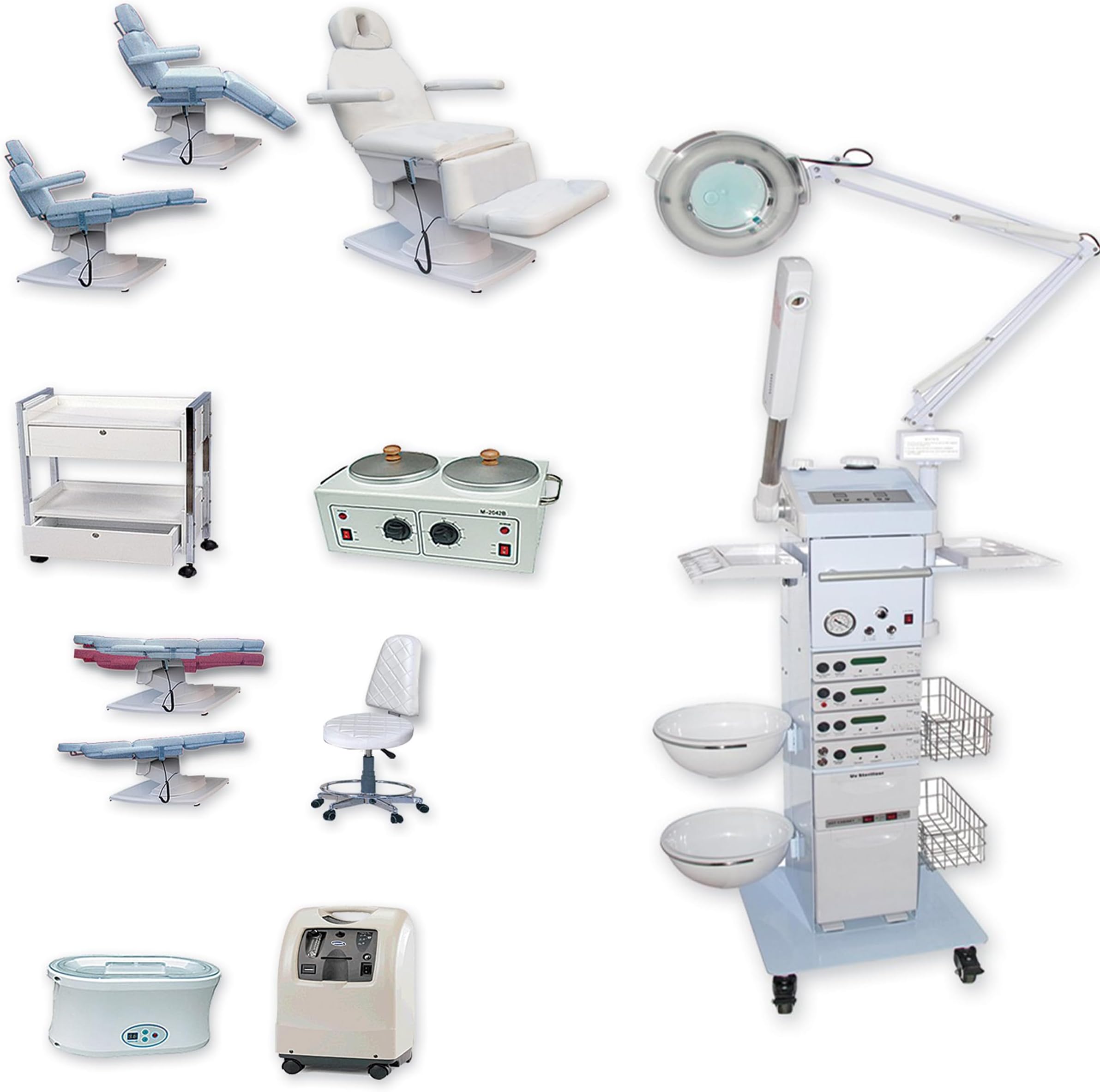 Discount Spa Equipment - PACK-8, Spa Equipment Package, 19-Function Facial Machine, Oxygen Facial Unit, Electric Massage Bed, Hydra Stool, UV Light, Wood Cart, Paraffin & Double Wax Warmer