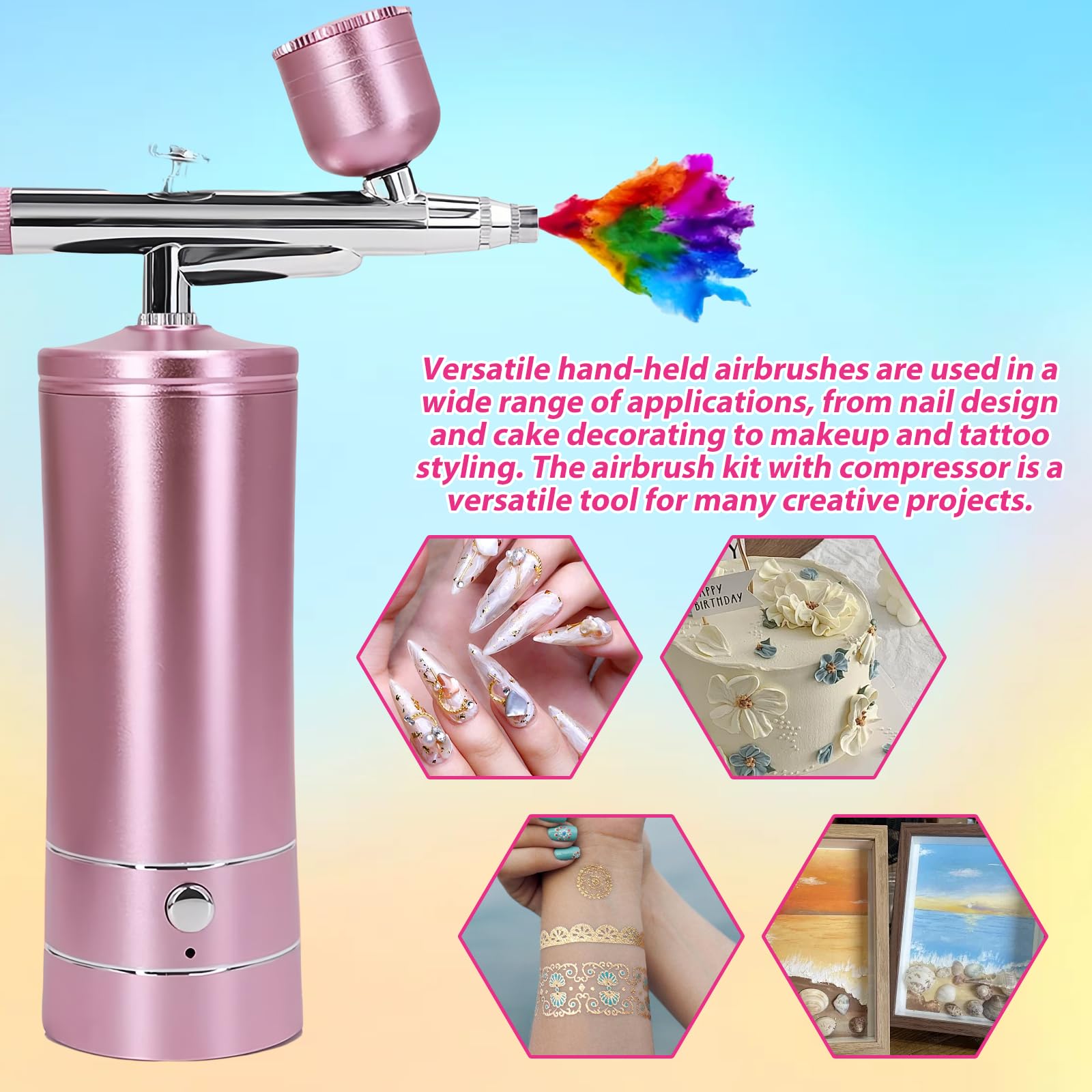 Kit de Aerógrafo con Compresor: Juego de Aerógrafo de Alta Presión Portátil, Aerógrafo Inalámbrico Recargable para Hidratación de la Piel, Arte de Uñas, Tatuaje, Pintura, Maquillaje (Rosa)