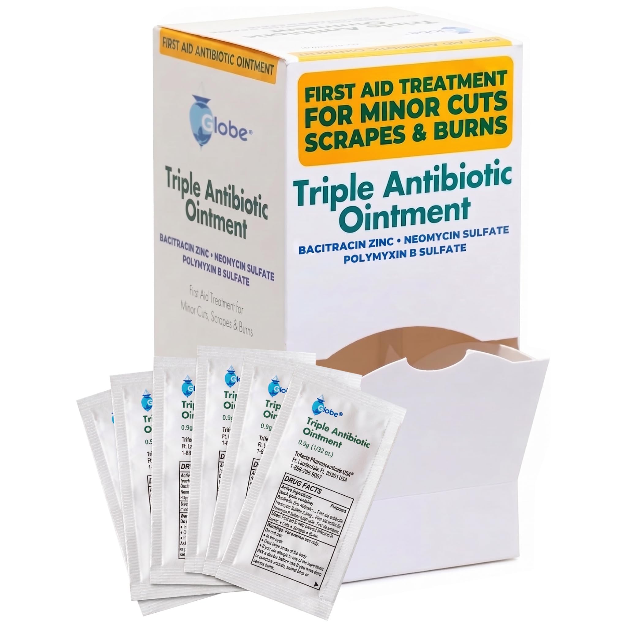 Globe (144 Pack) Triple Antibiotic Ointment 0.9g Single Packet, Κιτ πρώτων βοηθειών για μικρές γρατσουνιές, πληγές, περικοπές και εγκαύματα, Αποτρέπει τη μόλυνση ενεργά συστατικά σε σύγκριση με την κορυφαία μάρκα, μέγεθος ταξιδιών
