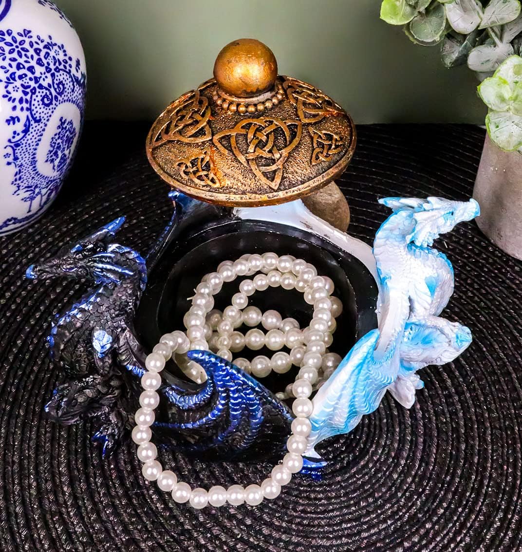 Ebros Gift Night And Day Contrasting Dual Dragons Guarding Celtic Trinity Knotwork Cauldron Decorative Trinket Jewelry Box Figurine Medieval Winged Alchemy Magic Fantasy Dragon Statue