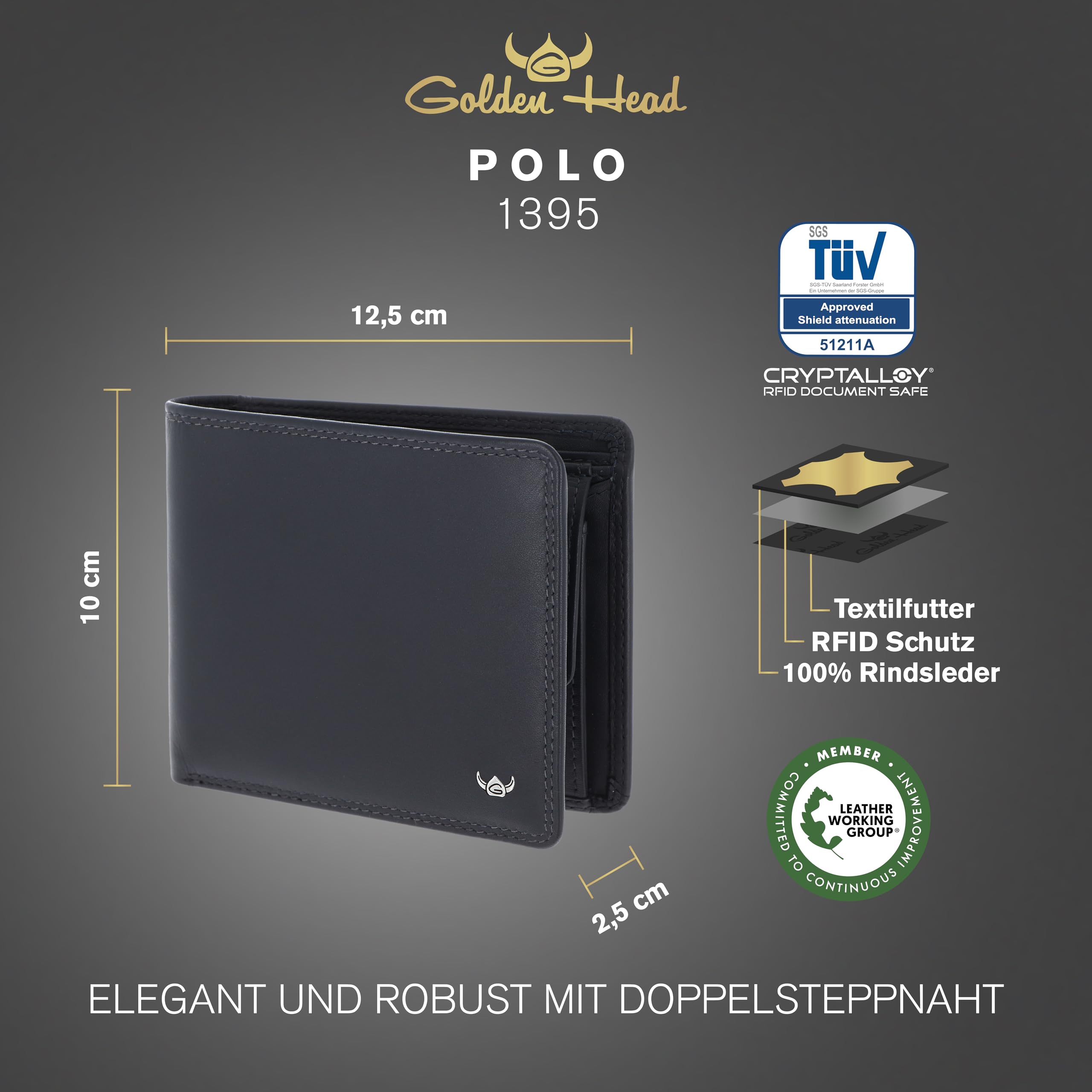 Golden Head Polo RFID Protect Billfold Coin Wallet with Zipped Pocket for Notes Black, niebieski morski, Einheitsgröße, Elegancki