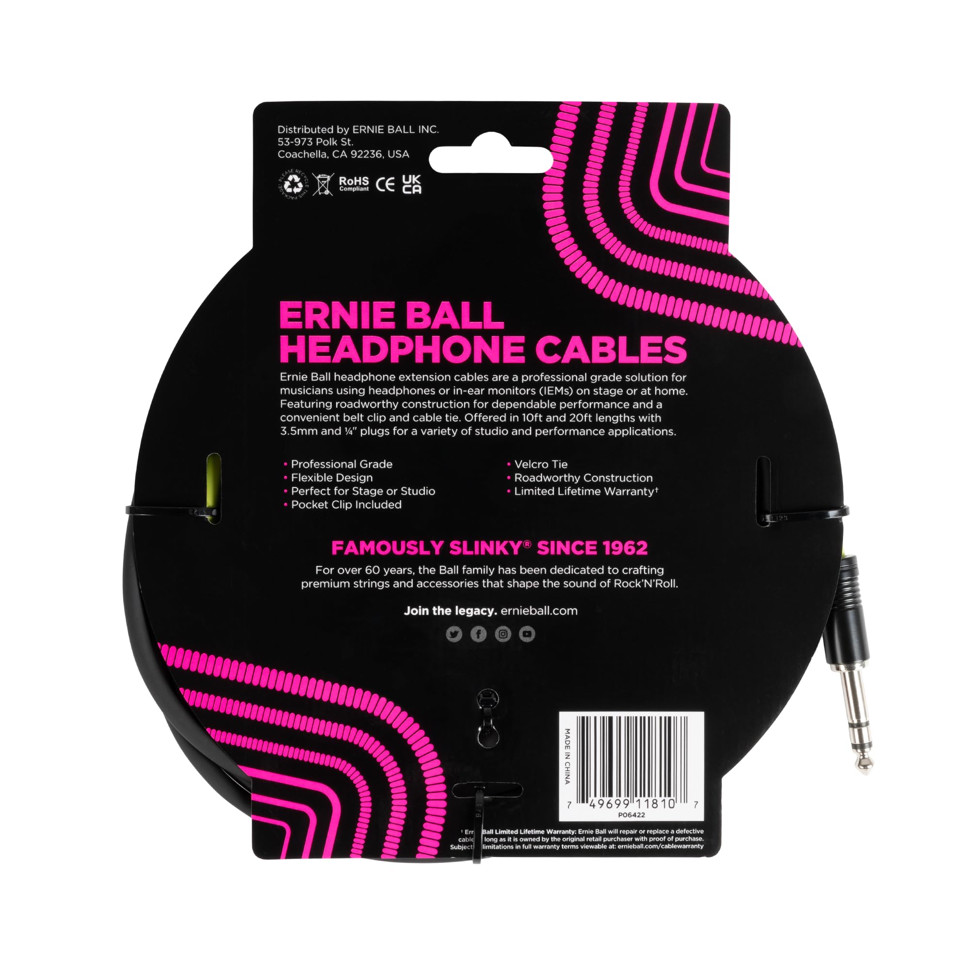 Ernie Ball Prolunga per cuffie, jack da 1/4" a 3,5 mm, 3 metri - Nero