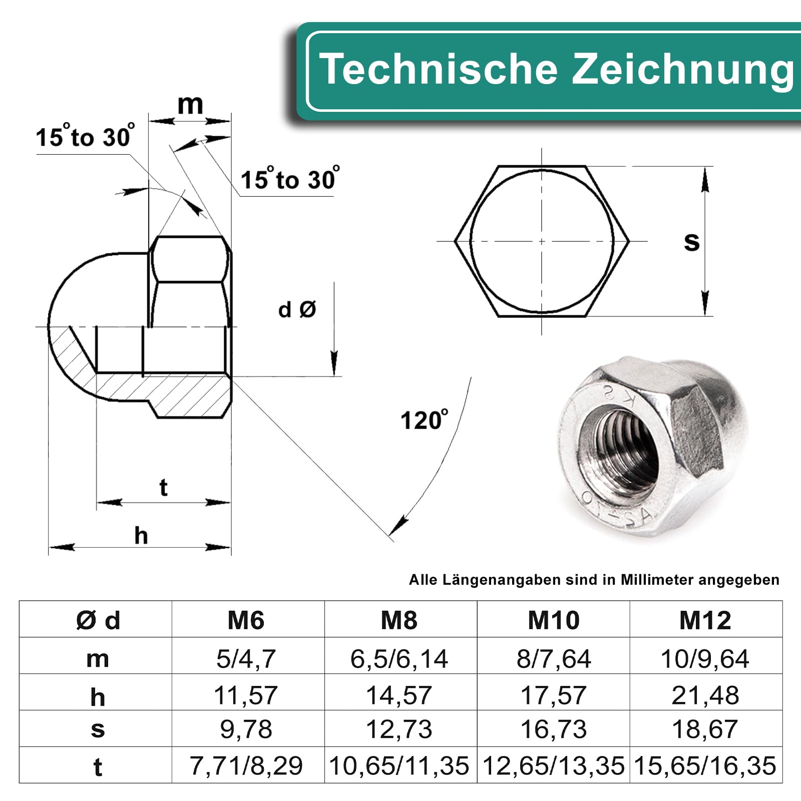 PRIOstahl Tuercas hexagonales de forma alta x 500 unidades, tamaño: M8 DIN1587 como tapacubos, protección para tornillos, varillas roscadas y pernos roscados, acero inoxidable V2A