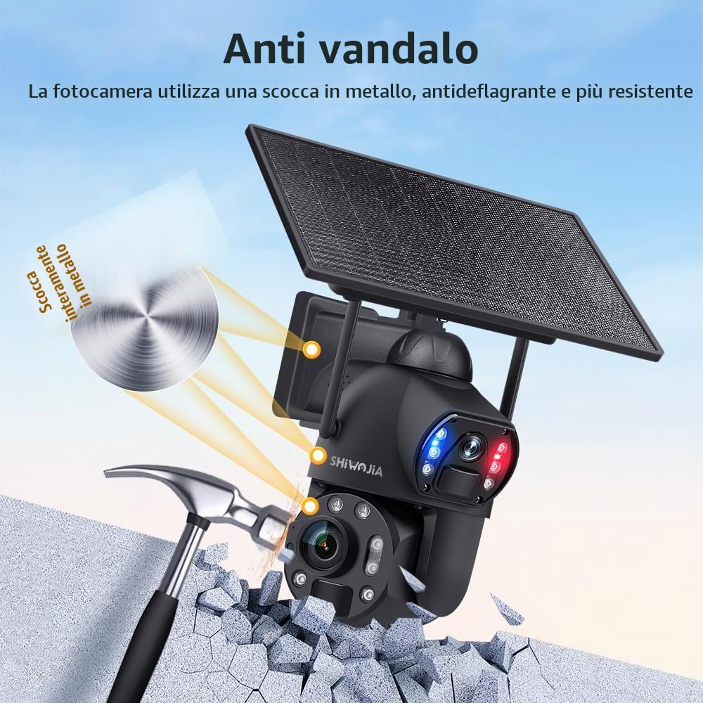SHIWOJIA 36X Telecamera di Sorveglianza WiFi Esterno, 6 MP 360° PTZ Telecamera Esterna Solare con Doppia Lente, 100m Visione Notturna a Colori, PIR Smart Detection, Audio Bidirezionale