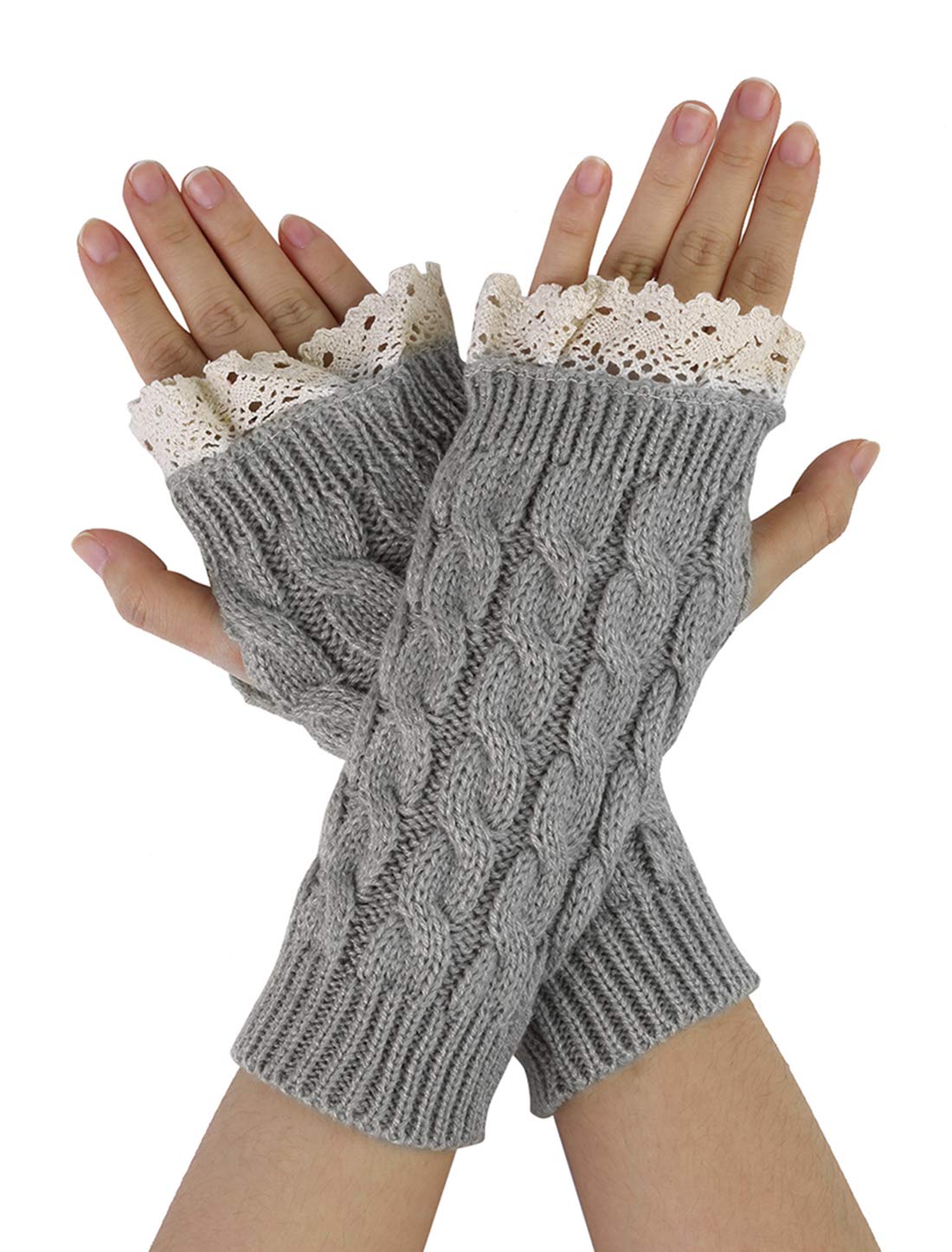 Uxcell Women's Light Gray-Lace Sourcing Map Arm Warmers Wrist Length Knit Fingerless Gloves With Lace Glove Length 20 Cm/7.87"