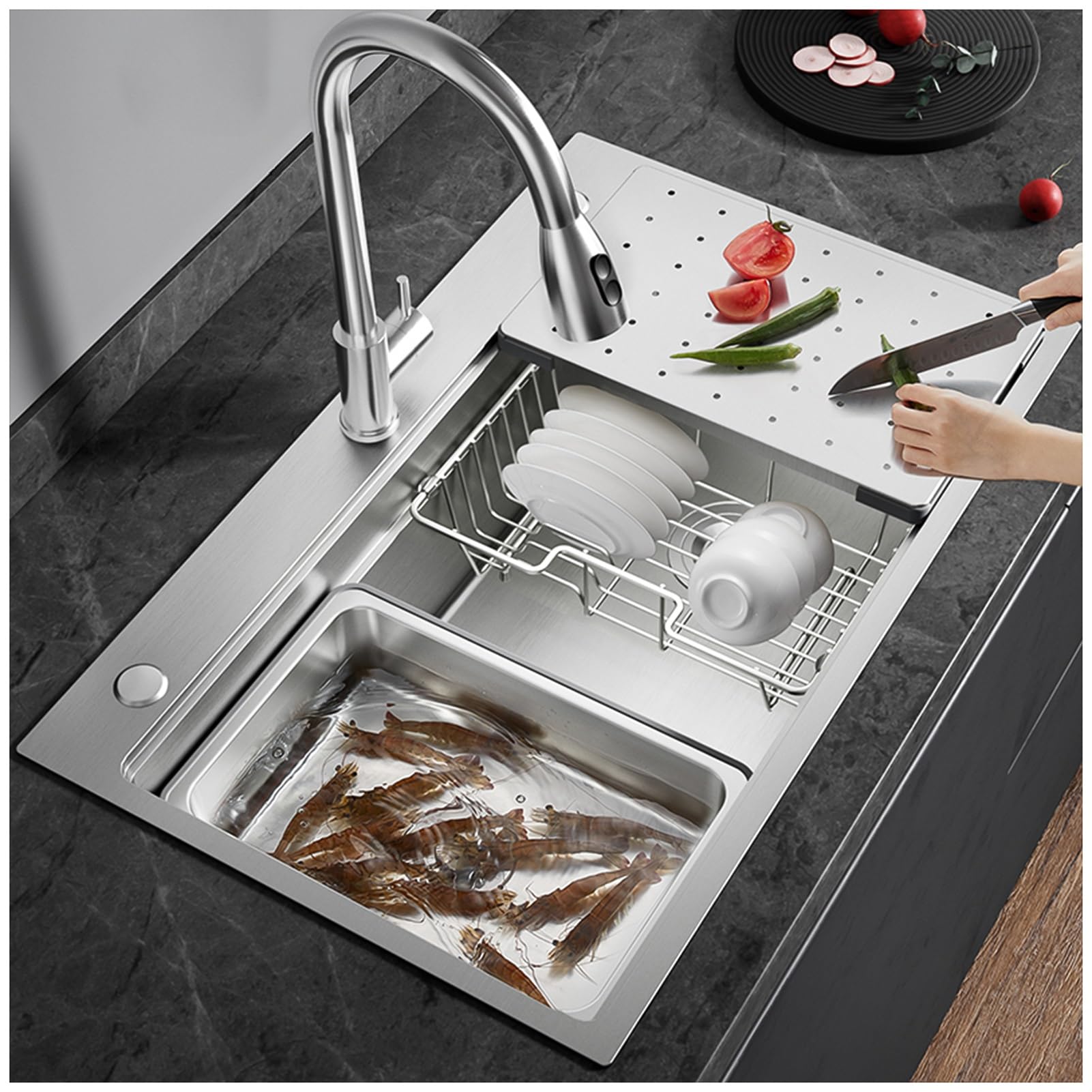 WIQUYBML Stainless Steel Sink,Large Format Single Sink with Draining Basket,for Kitchen & Bar, Top Cabinet/Undermount Mounting, Robust Sink, Dishwasher Sink(SilverA,85x50cm)