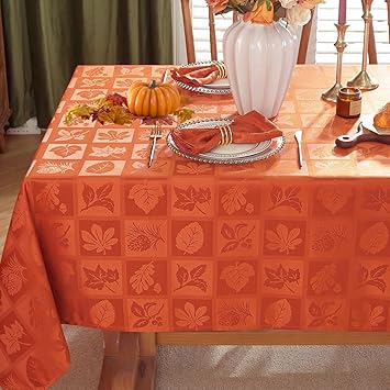 SASTYBALE Thanksgiving Tablecloth Rectangle 60 x 102 Inch Autumn Leaves Jacquard Waterproof Oil Proof Damask Table Cloth, Checkered Table Cover for Fall, Harvest, Dinner, Party, Rust/Burnt Orange