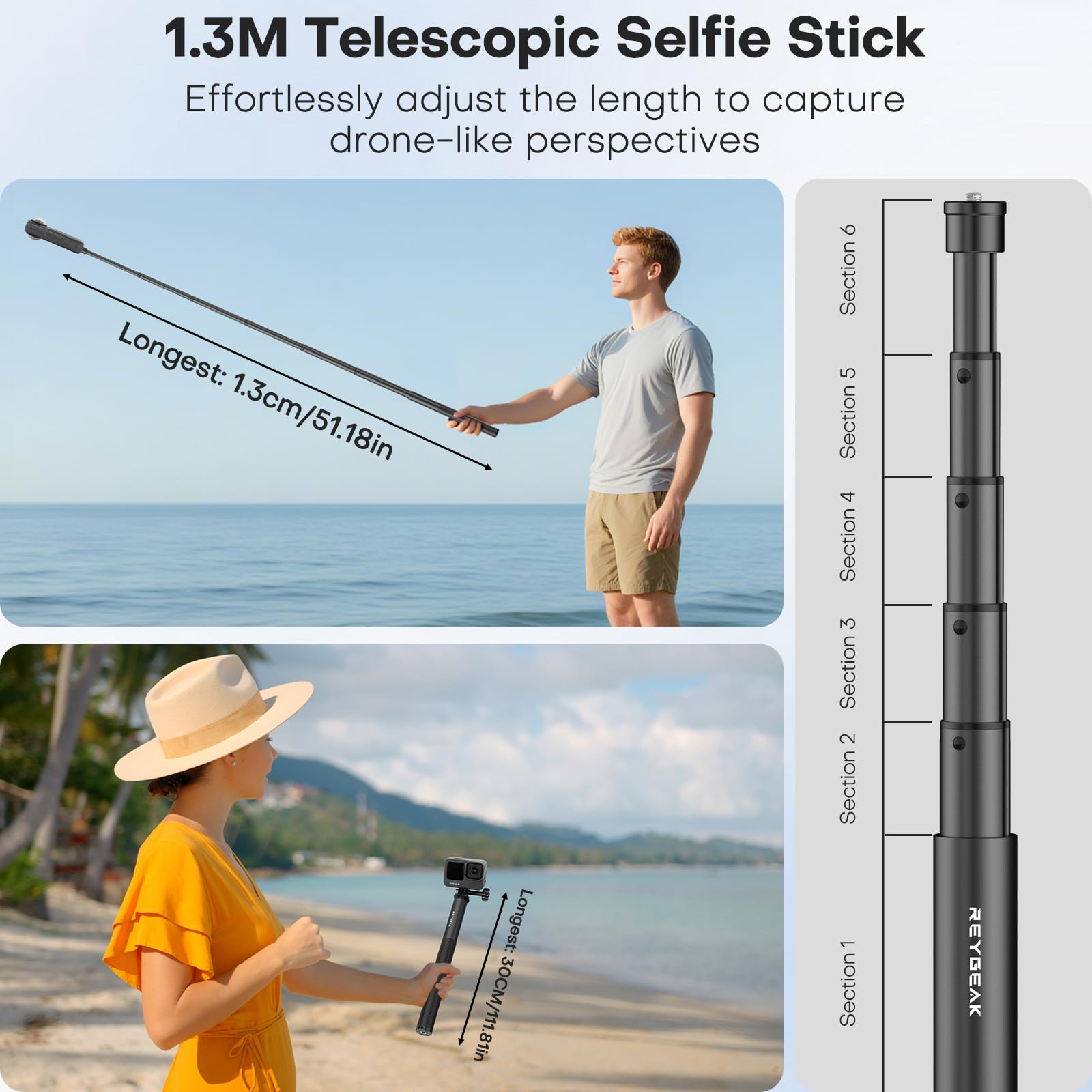 REYGEAK 130 cm kijek do selfie, aluminiowy, niewidoczny kijek do selfie, do montażu statywu z adapterem, Extendable Handheld Pole Stick Monopod kompatybilny z DJI Osmo 360/Pocket 3/Action, Insta-360