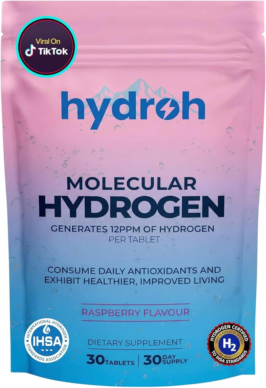 Hydrogen Water Tablets, Molecular Hydrogen Tablets for Drinking Water, Antioxidant-Rich, Supports Brain Energy & Health - Quick-Dissolving - Raspberry H2 Tabs - (30-Day Supply) (Raspberry)