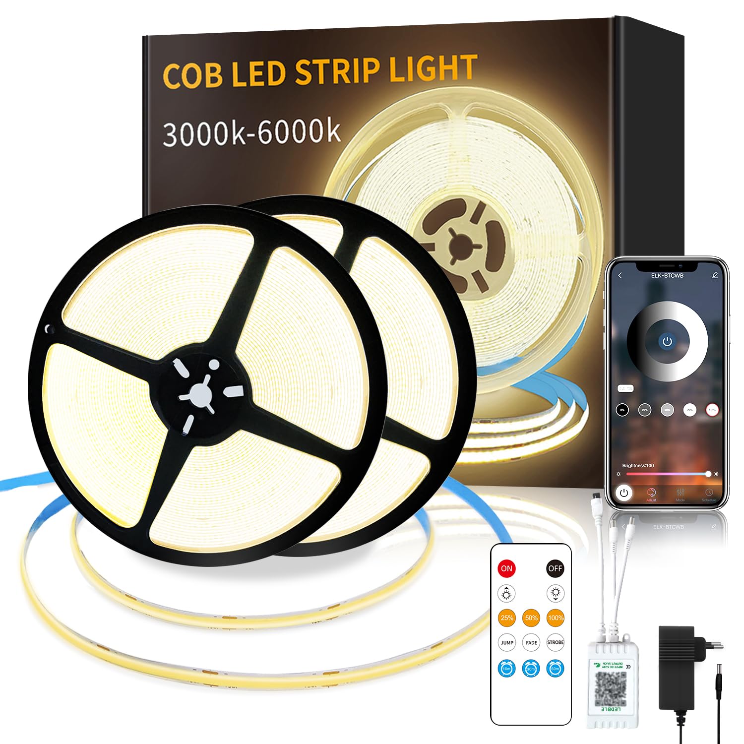 Yeewhale 30m Dimmable COB LED Strip 24 V Flexible COB led streifen Set,3000K Warmweiß Bright Under-Unit Light for Home Party DIY Decoration，App Steuerung mit Fernbedienung(2 Rollen von 50ft)
