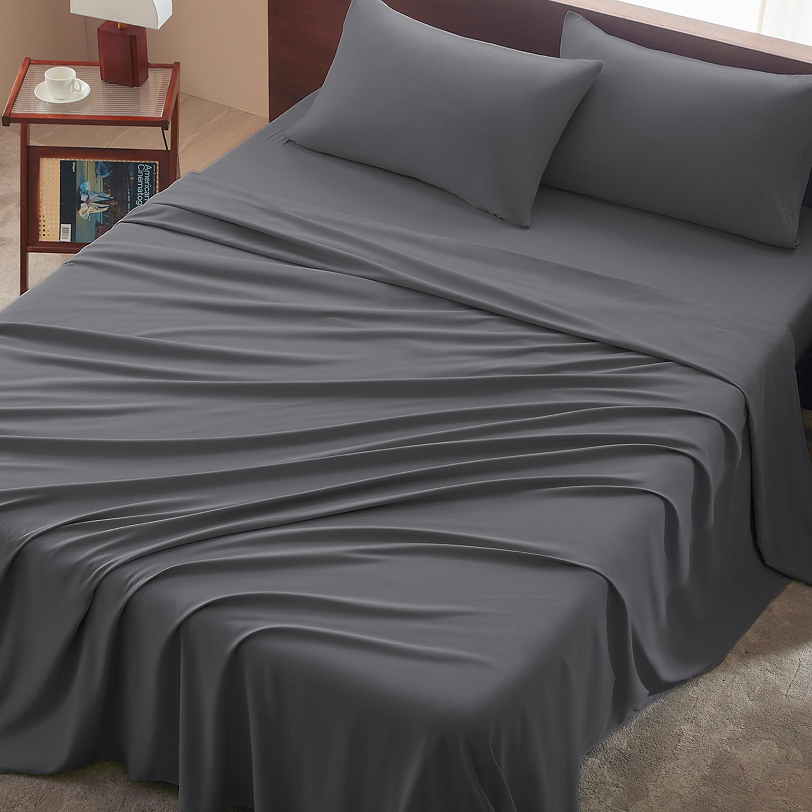 USXIBEI Queen Size 4-Piece Sheet Set — Comfy Breathable & Cooling Bed Sheets Set, Soft and Wrinkle Free, Deep Pockets, Easy & Secure Fit, Hotel Luxury Bedding - Oeko-Tex (Dark Grey)