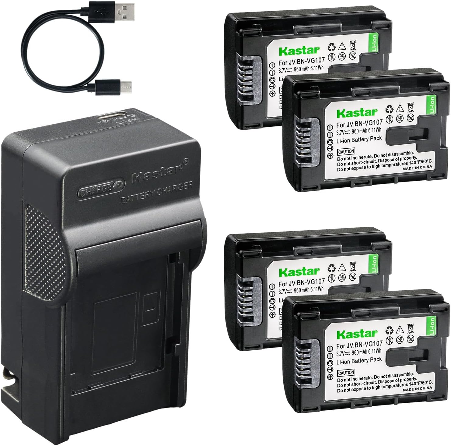 Kastar 4-Pack Battery and AC & USB-C Charger, Compatible with VG107 VG108 VG114 VG121 VG138, for Everio Camcorder Models GZ-E Series GZ-EX Series GZ-HD Series GZ-HM Series GZ-MG Series GZ-MS Series